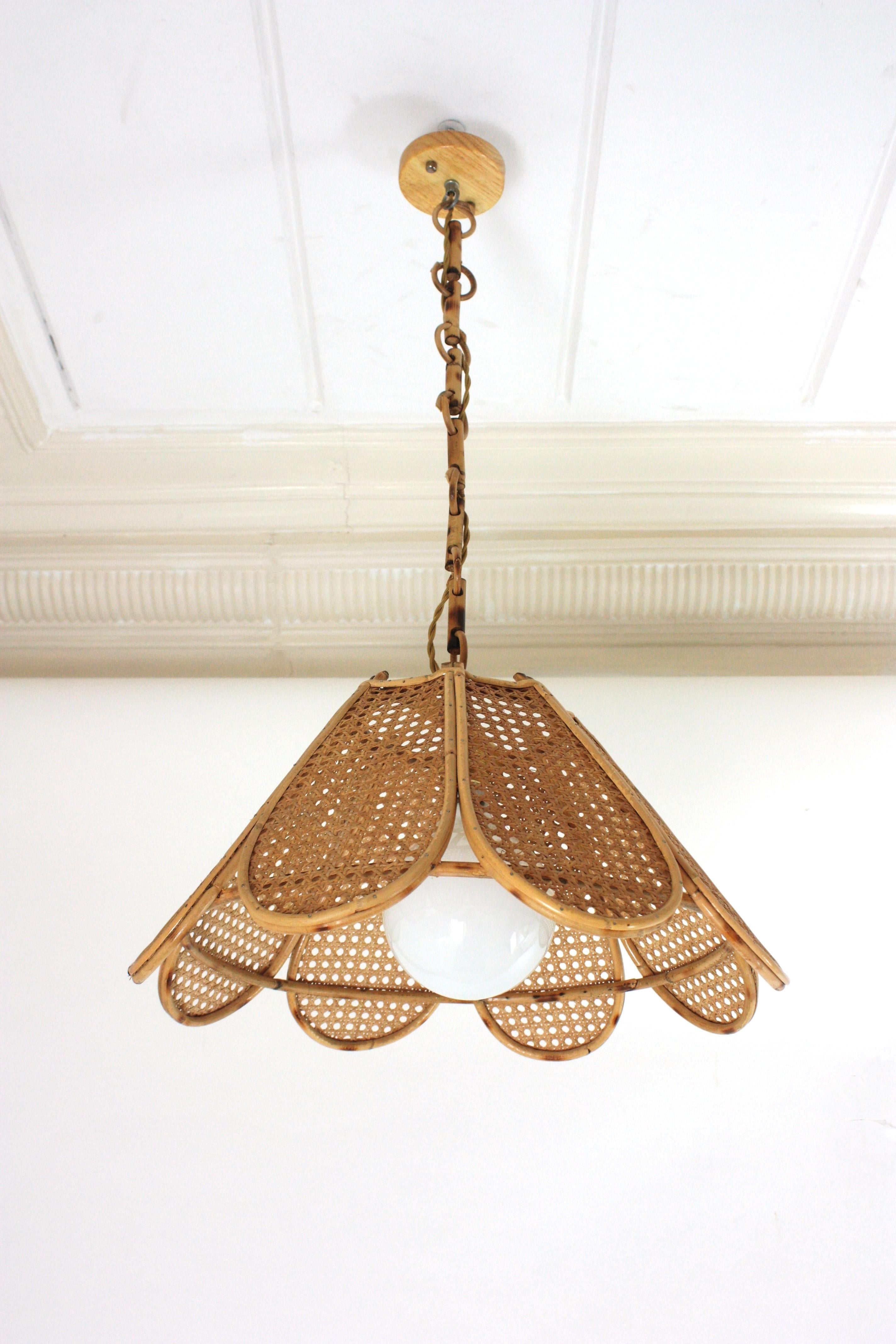 Mid-Century Modern Spanish Modernist Woven Wicker Rattan Palm Pendant Light / Lantern, 1960 For Sale