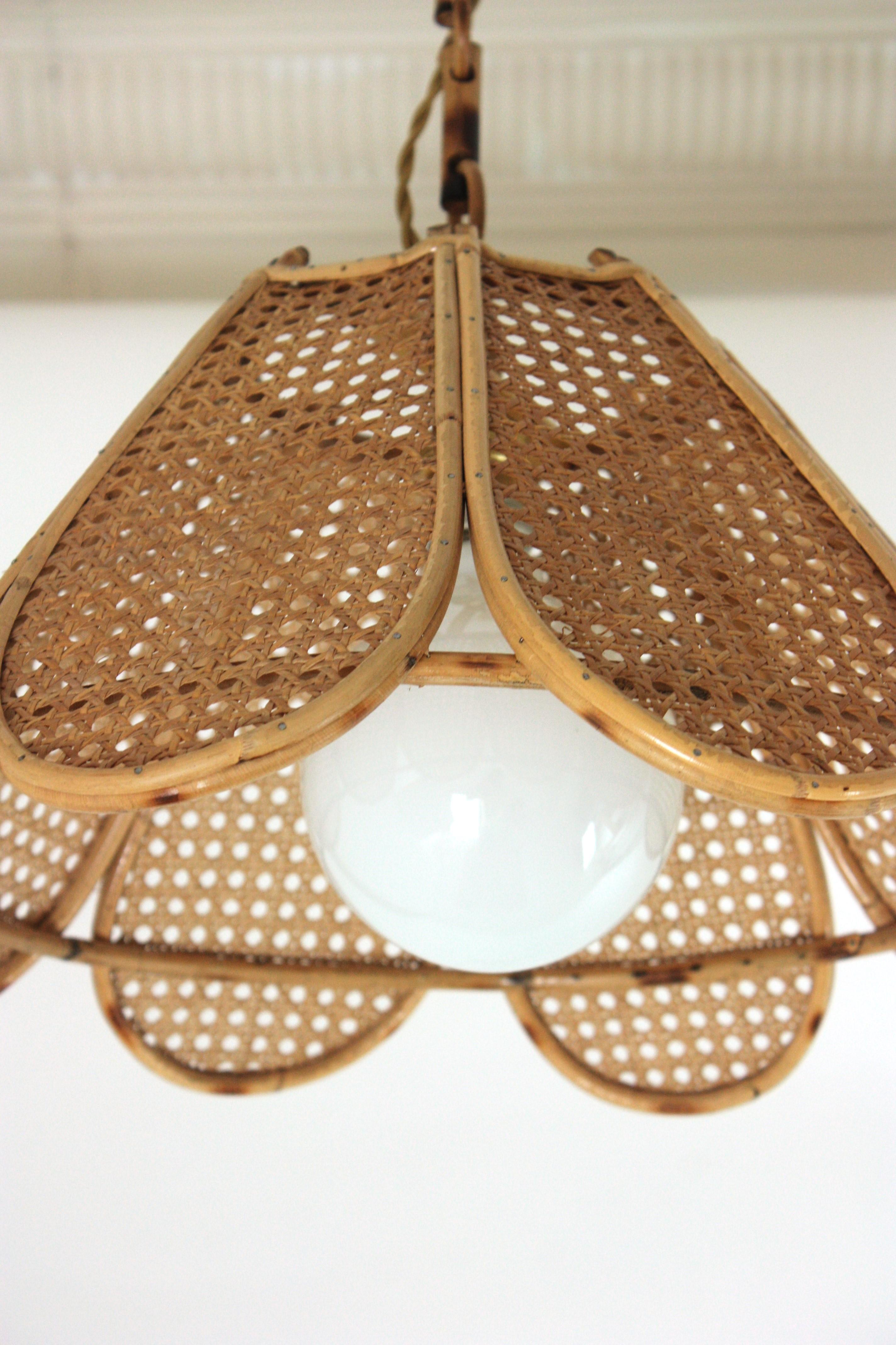 Hand-Crafted Spanish Modernist Woven Wicker Rattan Palm Pendant Light / Lantern, 1960 For Sale