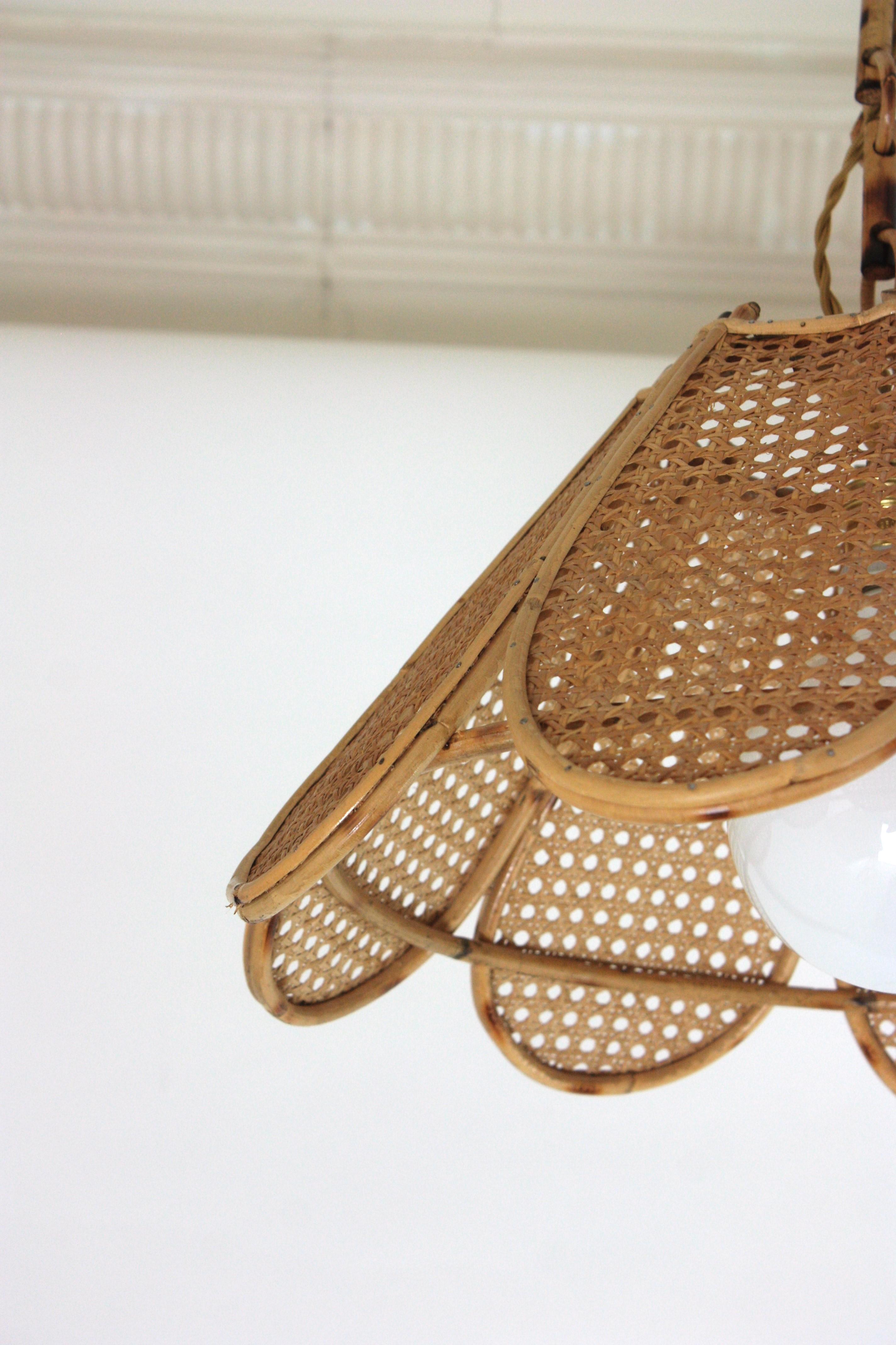 Spanish Modernist Woven Wicker Rattan Palm Pendant Light / Lantern, 1960 For Sale 1
