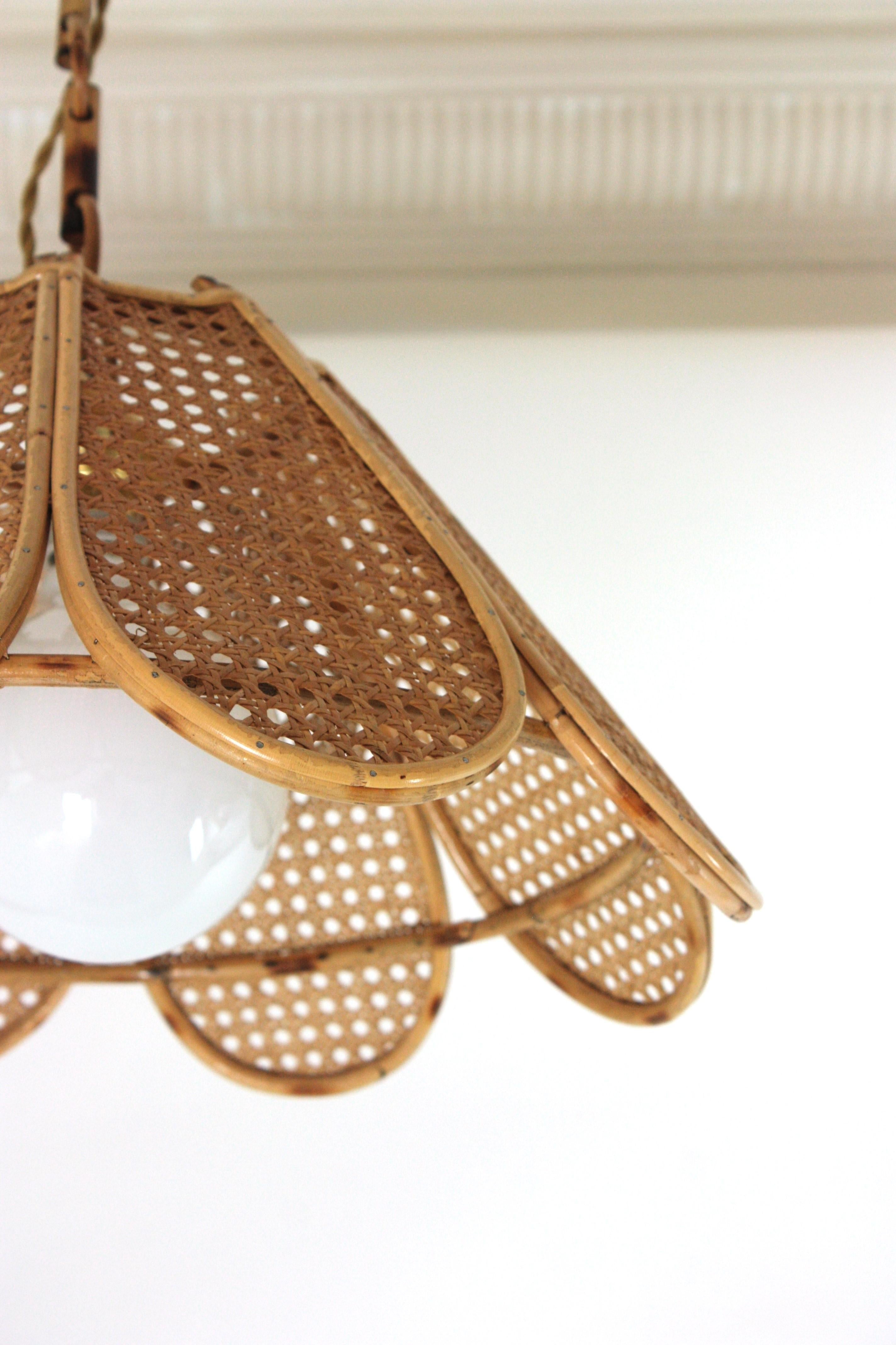 Spanish Modernist Woven Wicker Rattan Palm Pendant Light / Lantern, 1960 For Sale 2