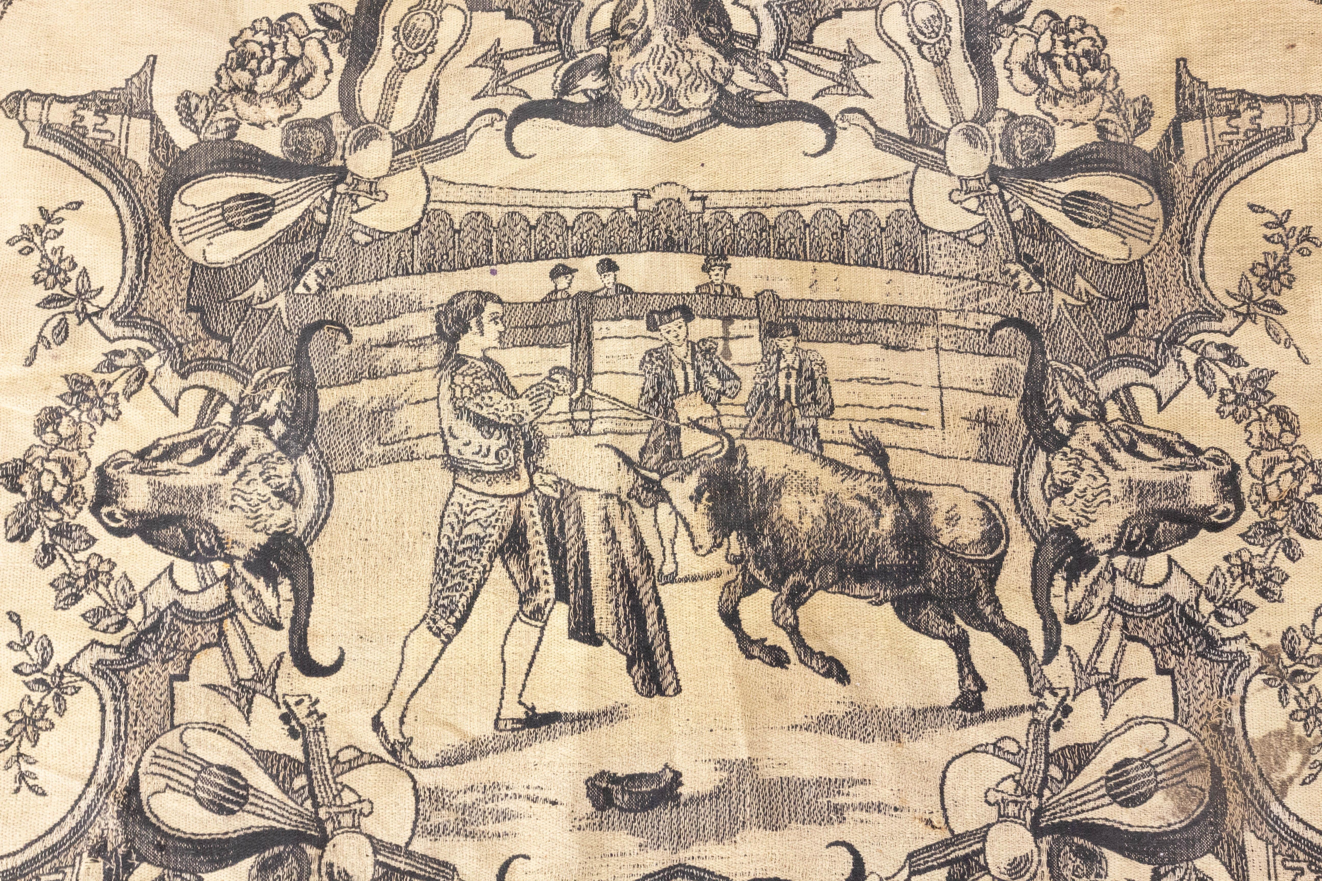 Spanish Mural Tapestry Bullfighting Decoration, Late 19th Century In Fair Condition In Labrit, Landes