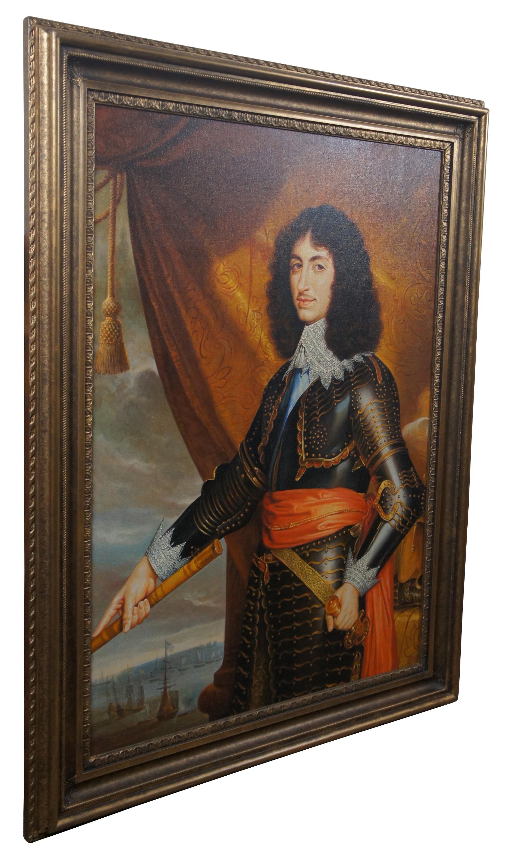 Spanish Colonial English King Charles II Officer Portrait Oil Painting on Canvas Nautical 50