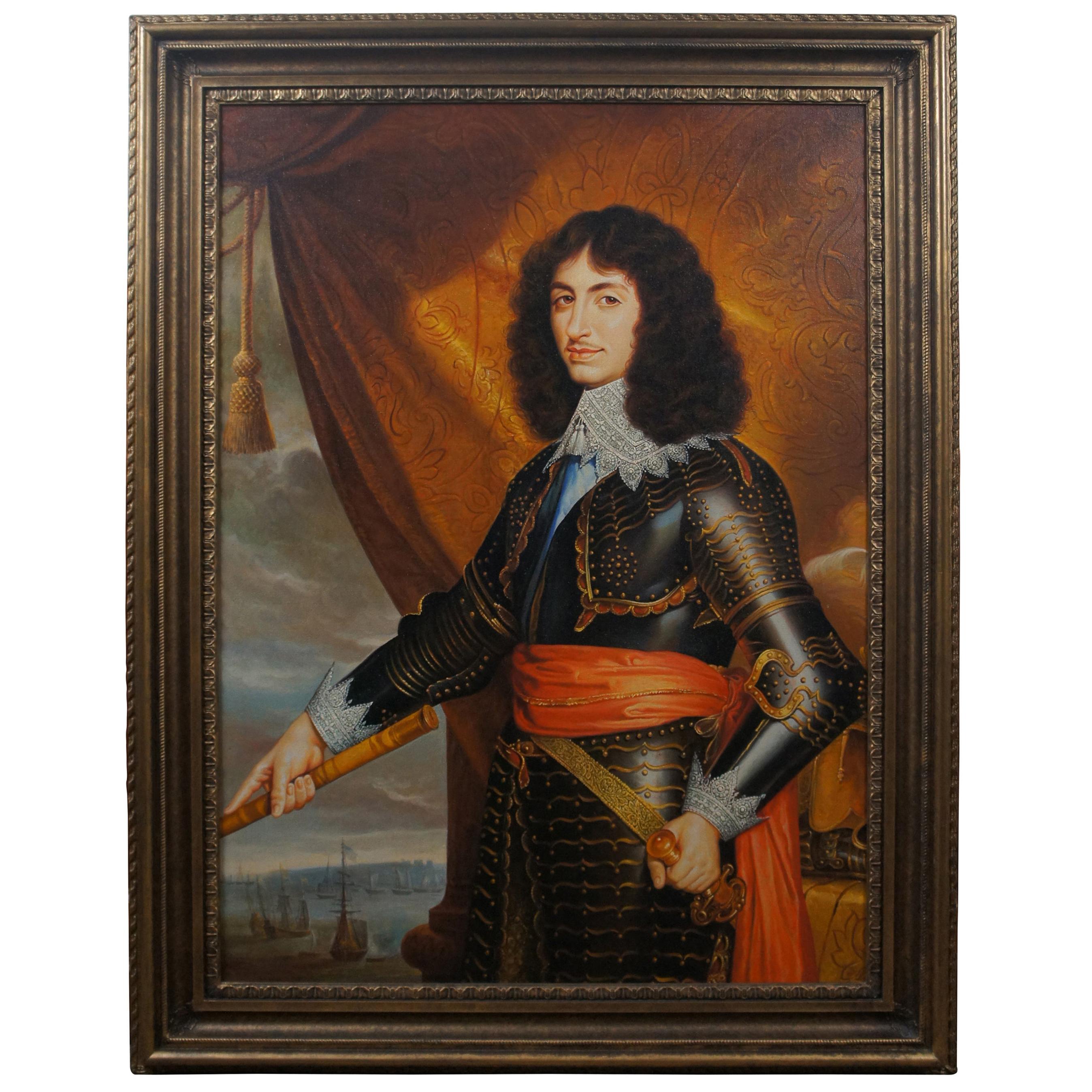 English King Charles II Officer Portrait Oil Painting on Canvas Nautical 50"