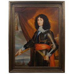 Vintage English King Charles II Officer Portrait Oil Painting on Canvas Nautical 50"