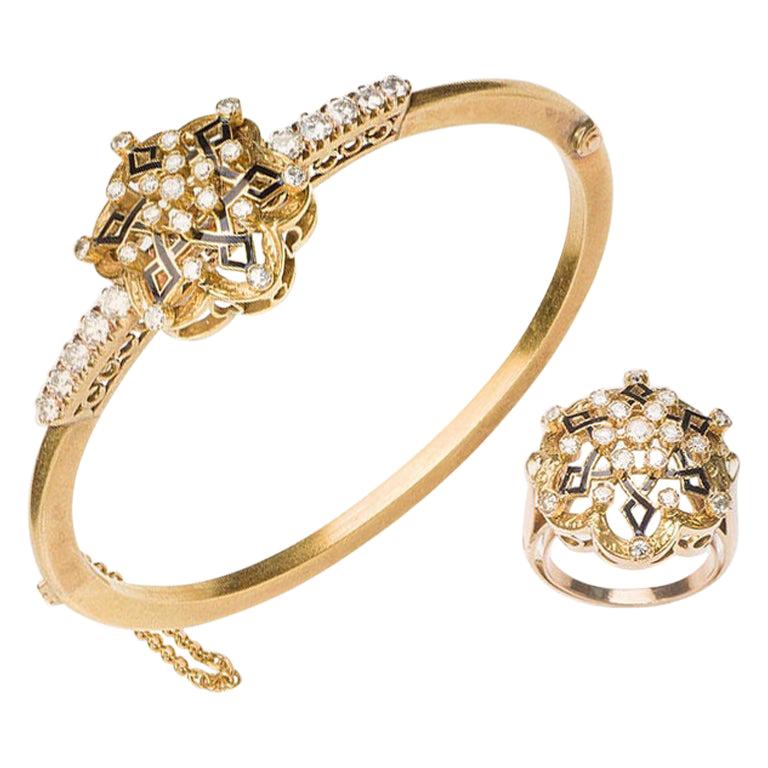 Spanish Neo-Renaissance Set Ring & Bracelet in 18 Karat Gold, Diamonds & Enamel