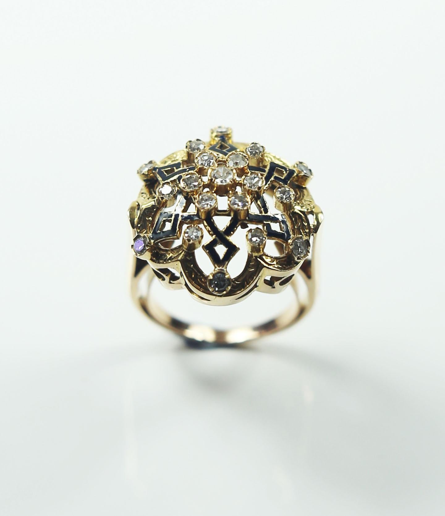 Old European Cut Spanish Neo-Renaissance Set Ring & Bracelet in 18 Karat Gold, Diamonds & Enamel