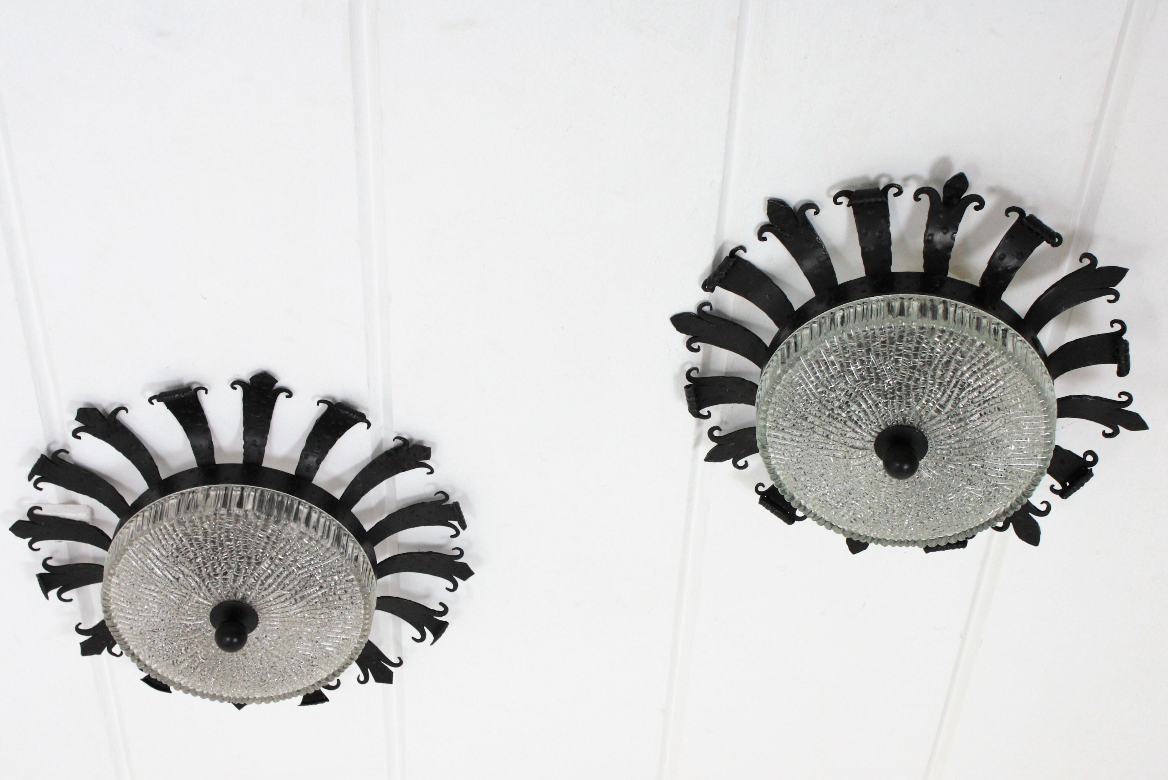 Sunburst Crown Flush Mounts or Wall Lights in Wrought Iron and Glass, Pair 4