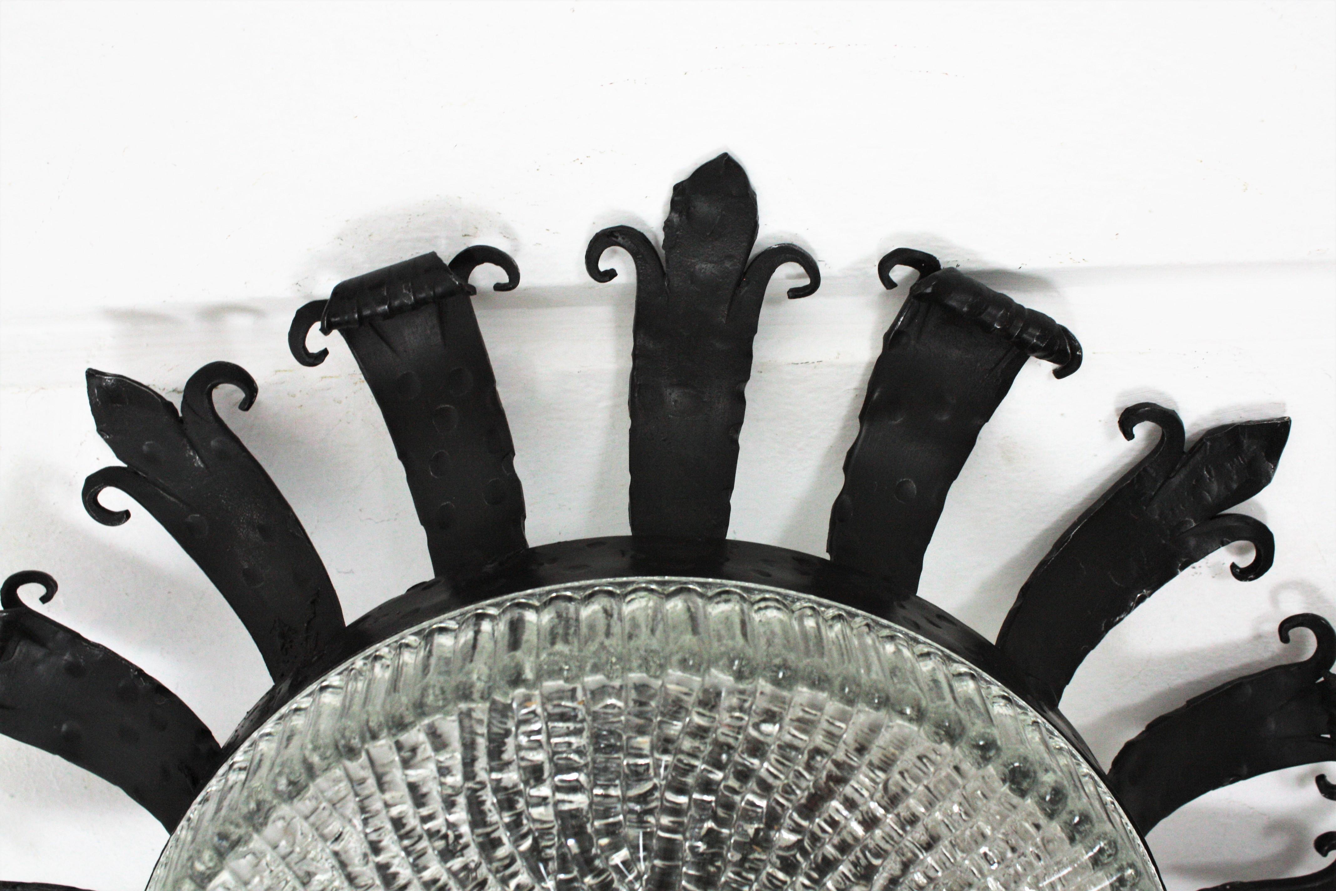 Sunburst Crown Flush Mounts or Wall Lights in Wrought Iron and Glass, Pair 10