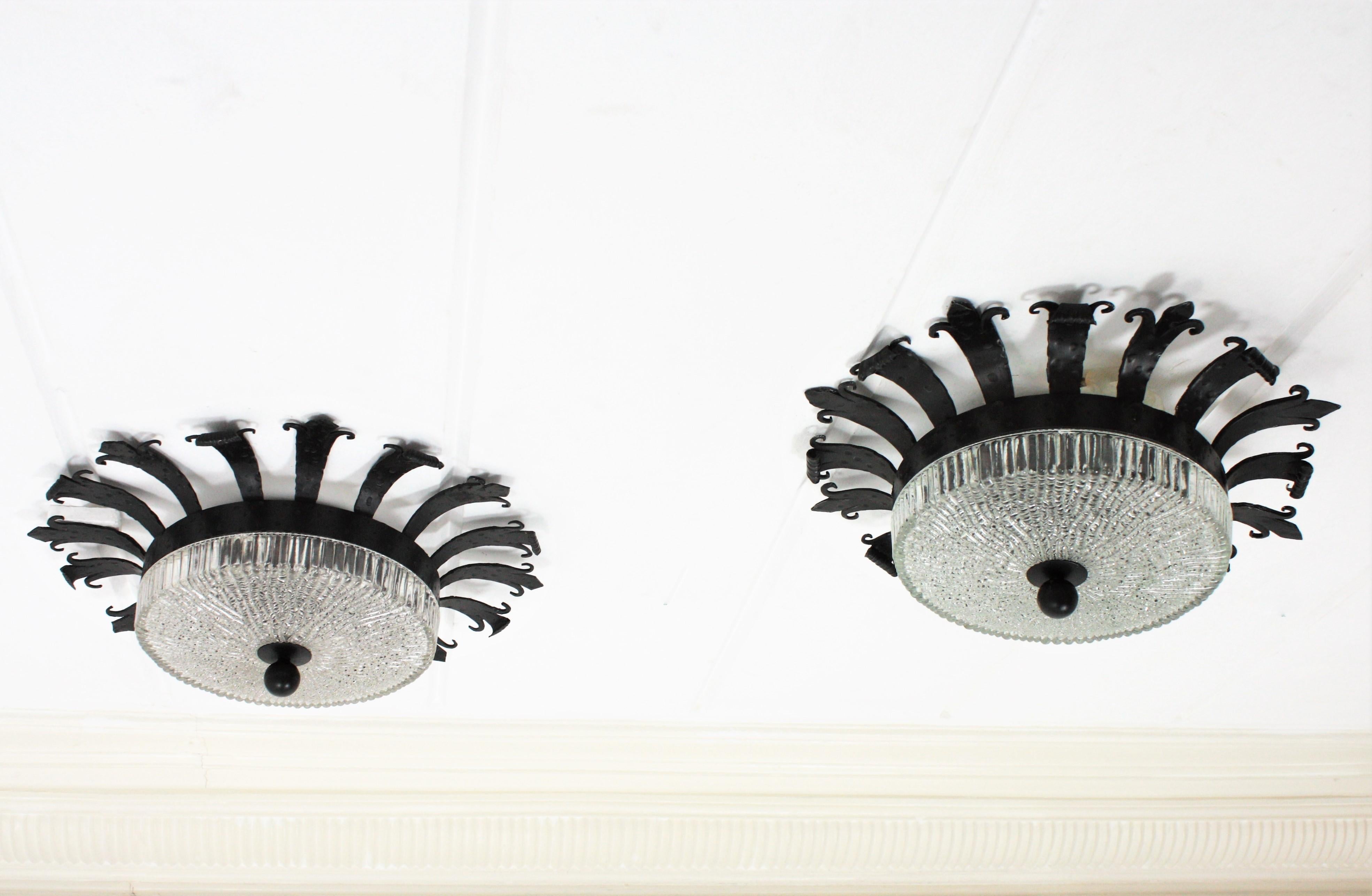 Neoclassical Sunburst Crown Flush Mounts or Wall Lights in Wrought Iron and Glass, Pair