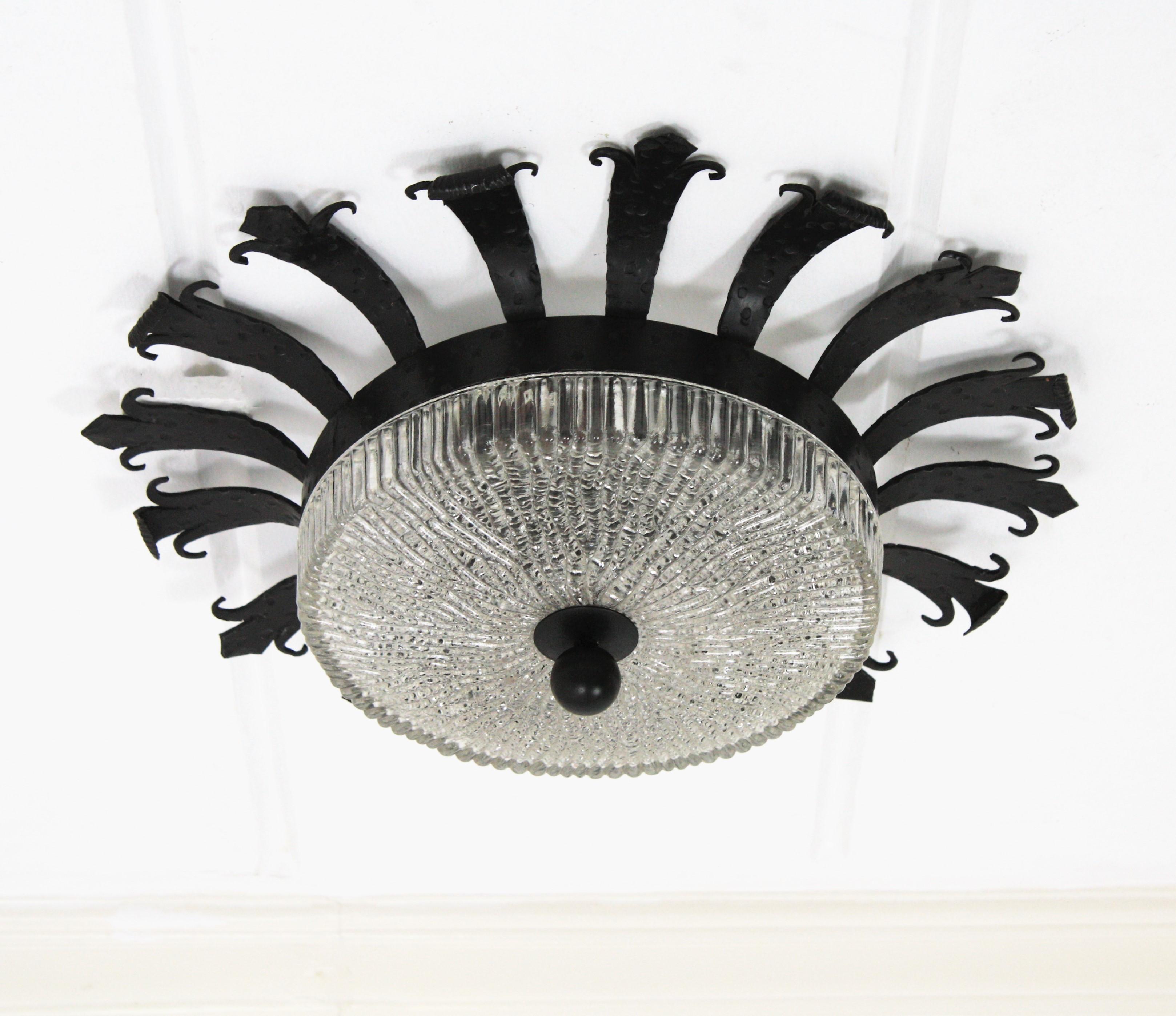 20th Century Sunburst Crown Flush Mounts or Wall Lights in Wrought Iron and Glass, Pair