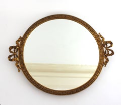 Spanish Neoclassical Bronze Mirror Round Serving Tray with Bow Ribbon Handles