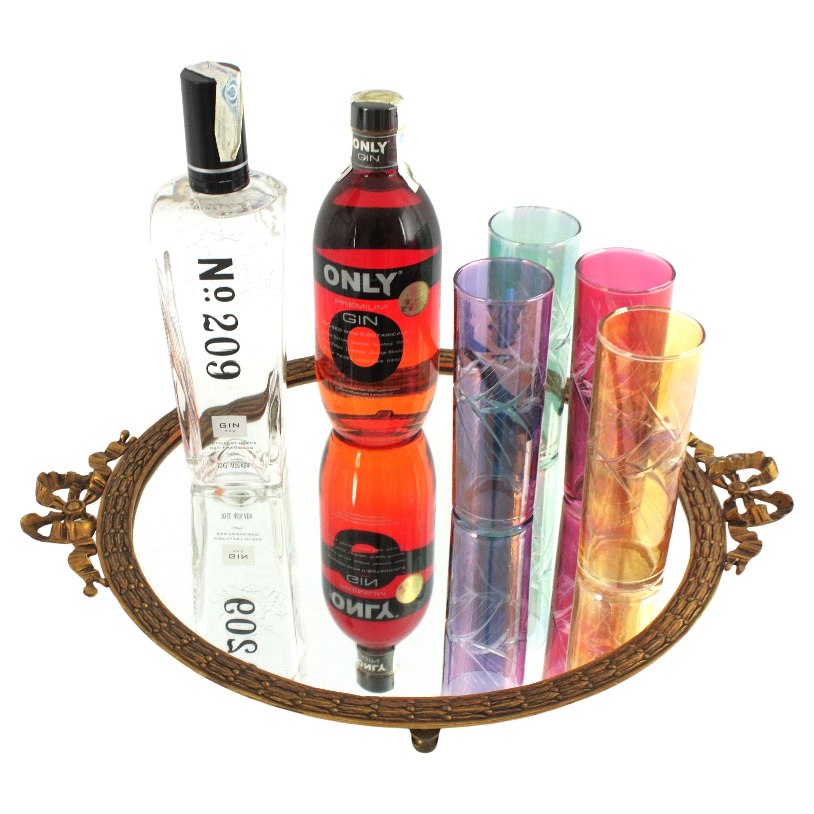 Spanish Neoclassical Bronze Mirror Round Serving Tray with Bow Ribbon Handles For Sale