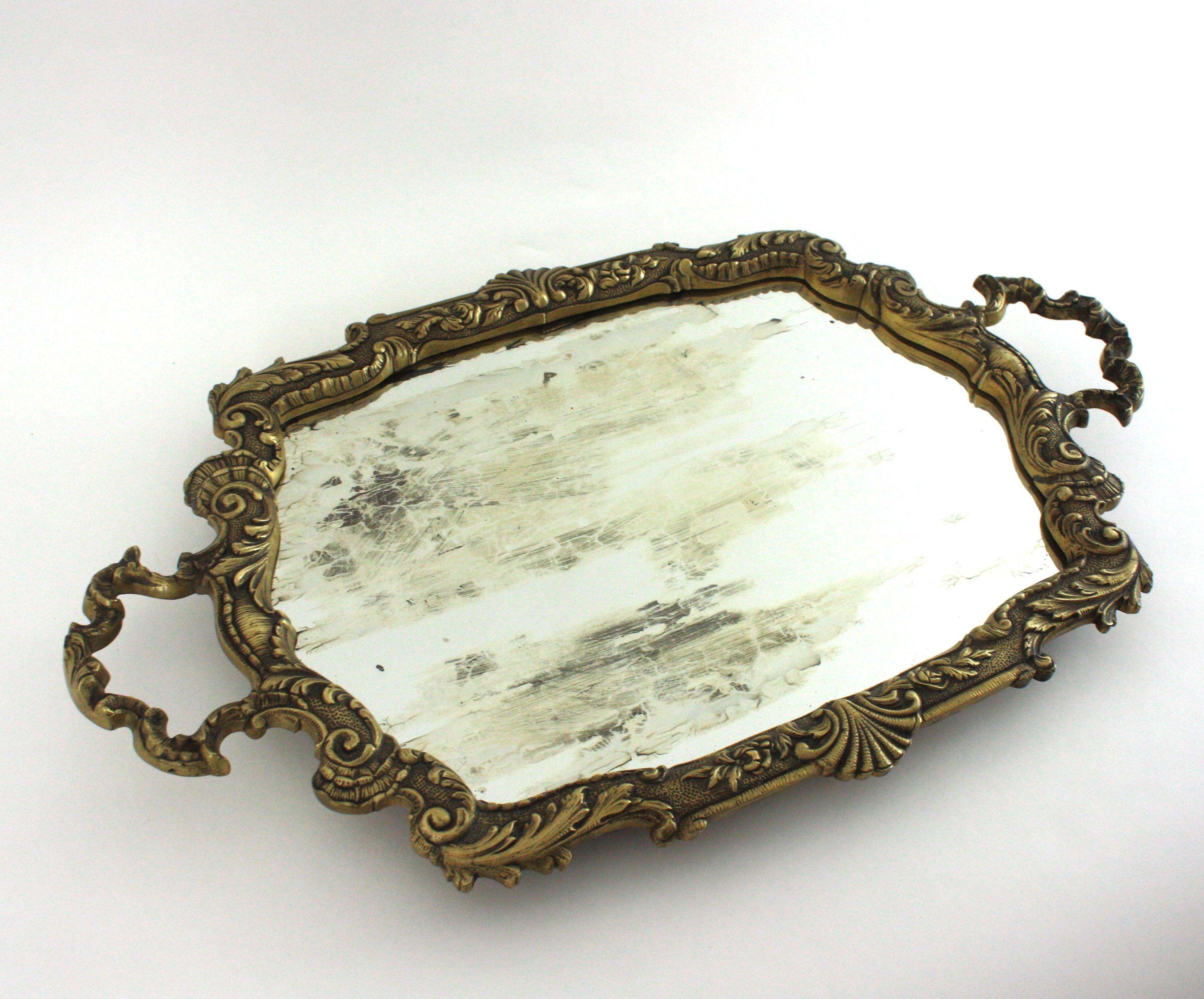 Spanish Neoclassical Bronze & Mirror Serving Tray, Foliage Floral Design For Sale 5
