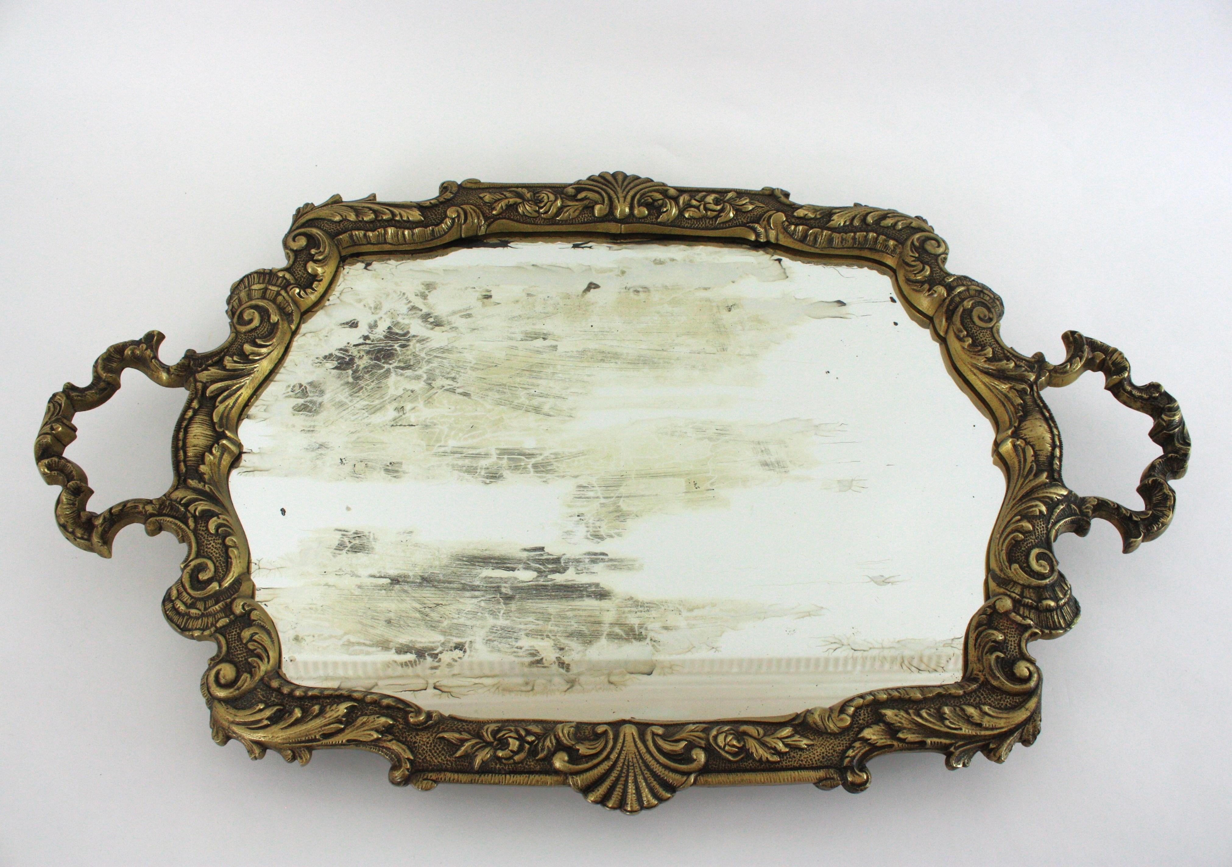 Spanish Neoclassical Bronze & Mirror Serving Tray, Foliage Floral Design For Sale 6