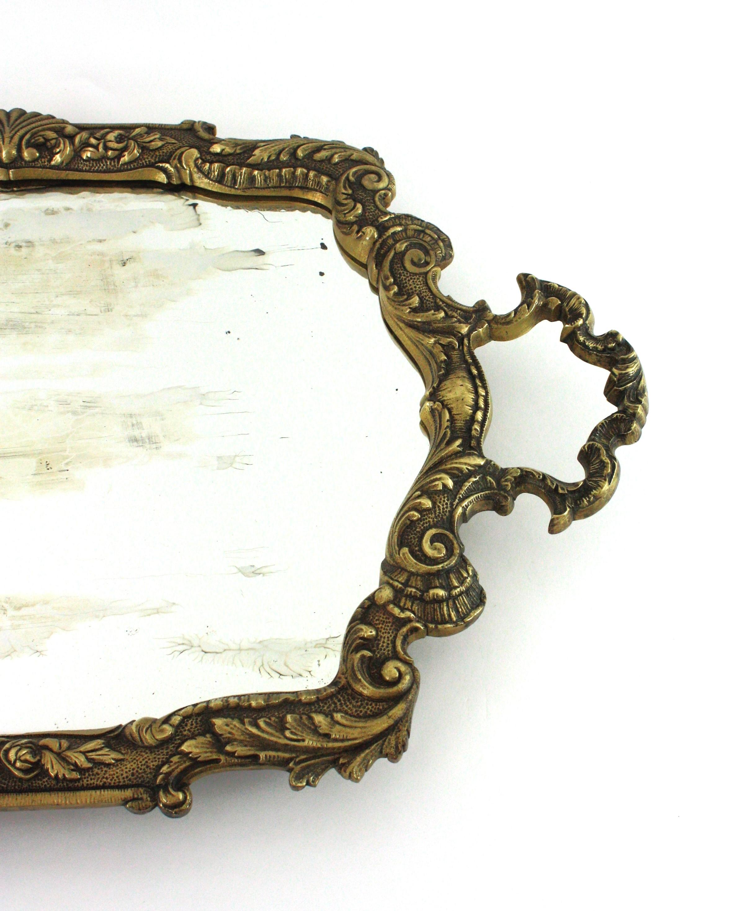 Spanish Neoclassical Bronze & Mirror Serving Tray, Foliage Floral Design For Sale 7