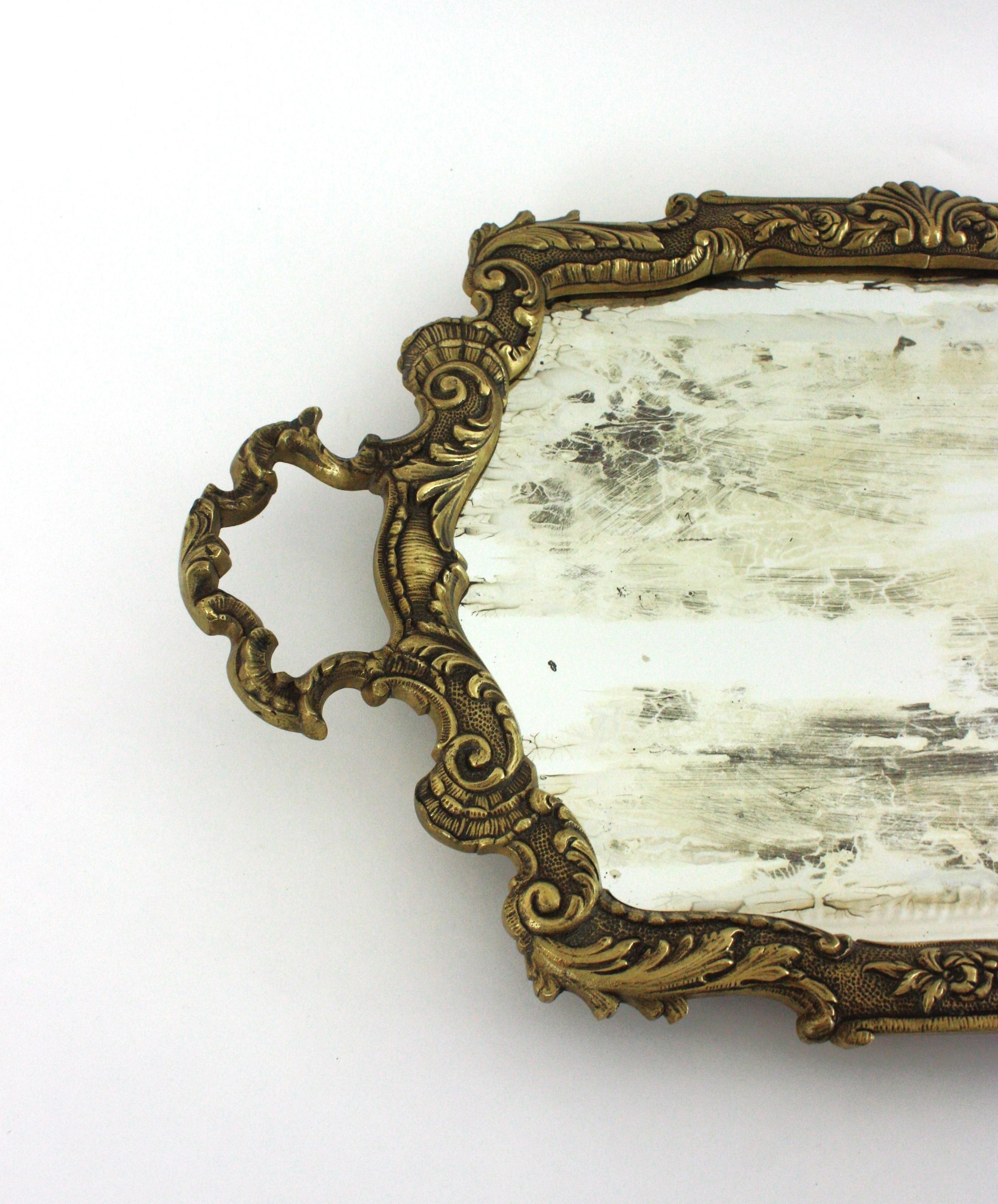 Spanish Neoclassical Bronze & Mirror Serving Tray, Foliage Floral Design For Sale 8