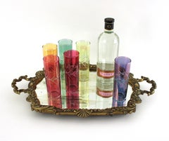 Spanish Neoclassical Bronze & Mirror Serving Tray, Foliage Floral Design