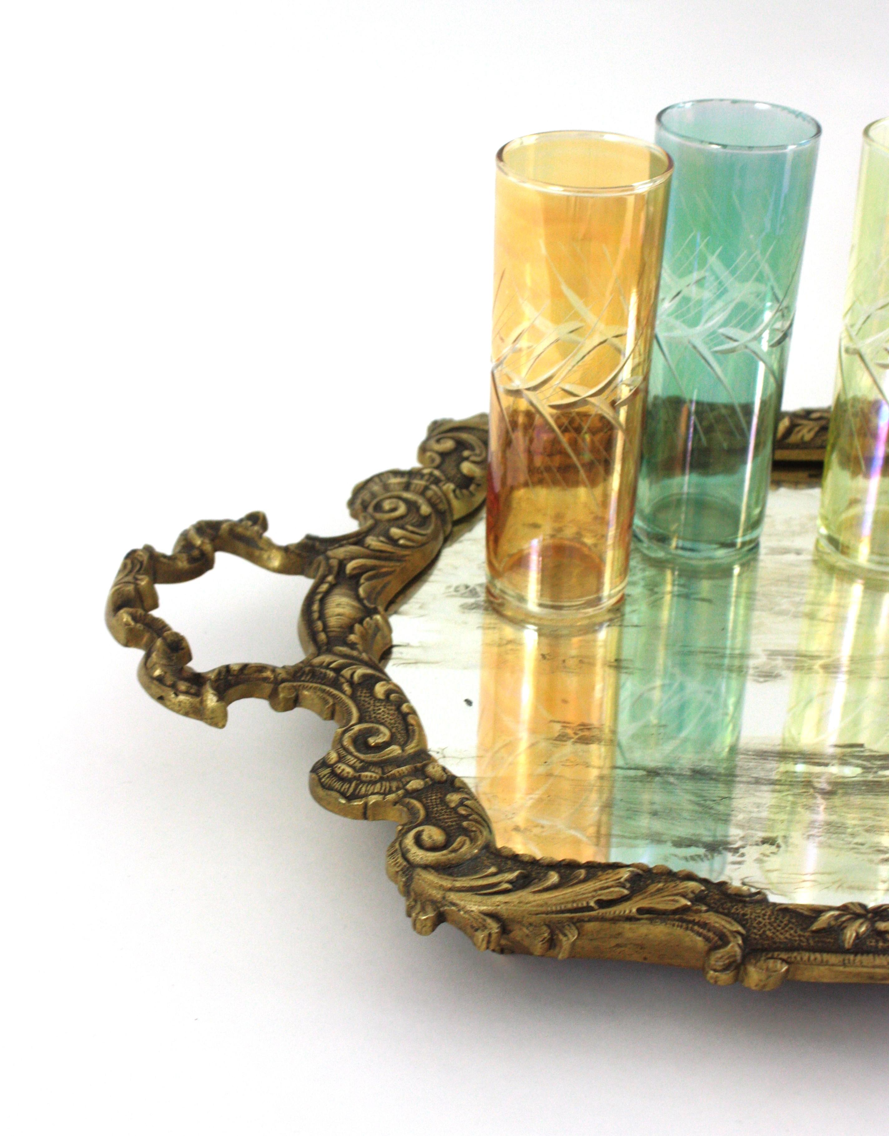 20th Century Spanish Neoclassical Bronze & Mirror Serving Tray, Foliage Floral Design For Sale