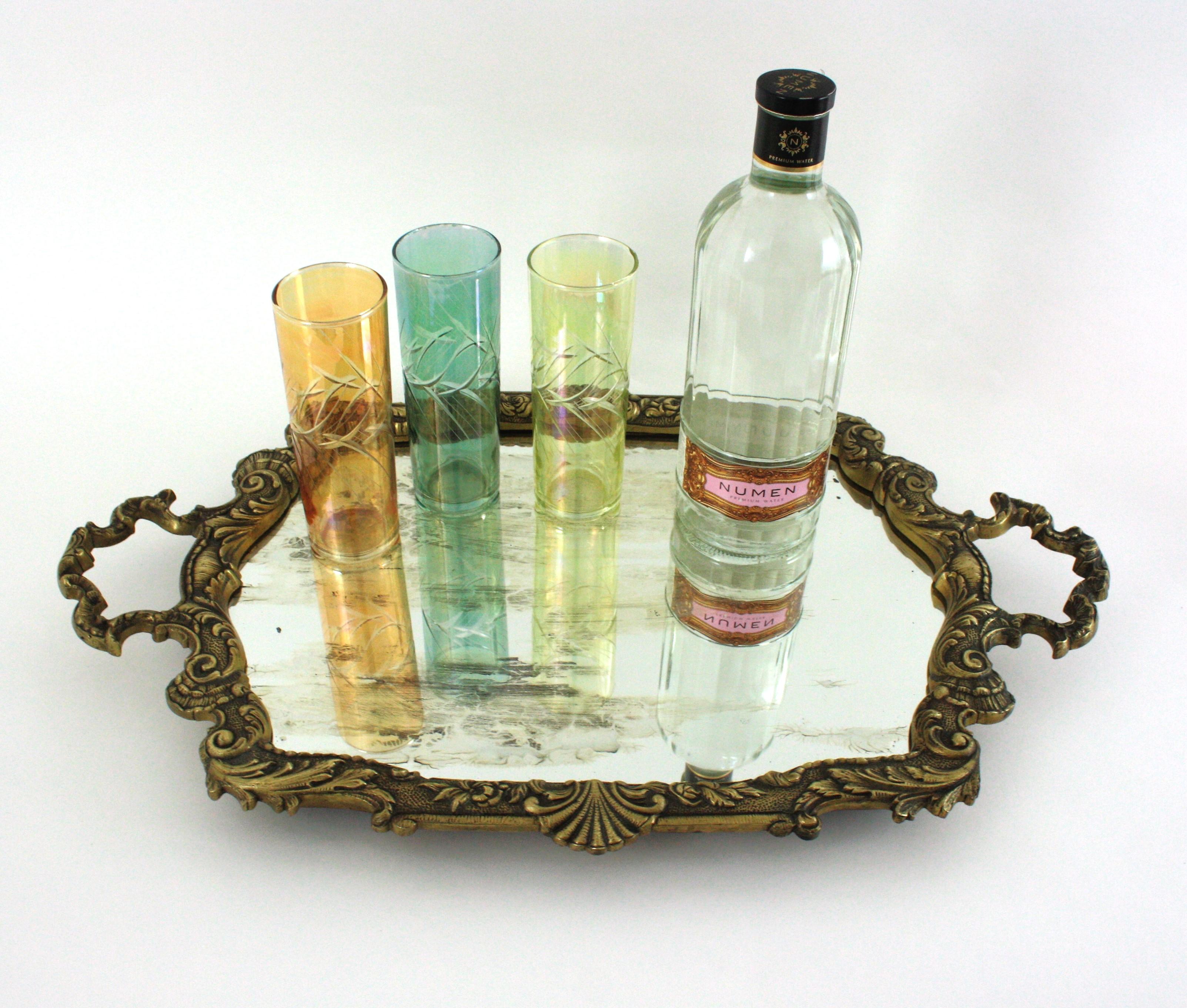 Spanish Neoclassical Bronze & Mirror Serving Tray, Foliage Floral Design For Sale 1
