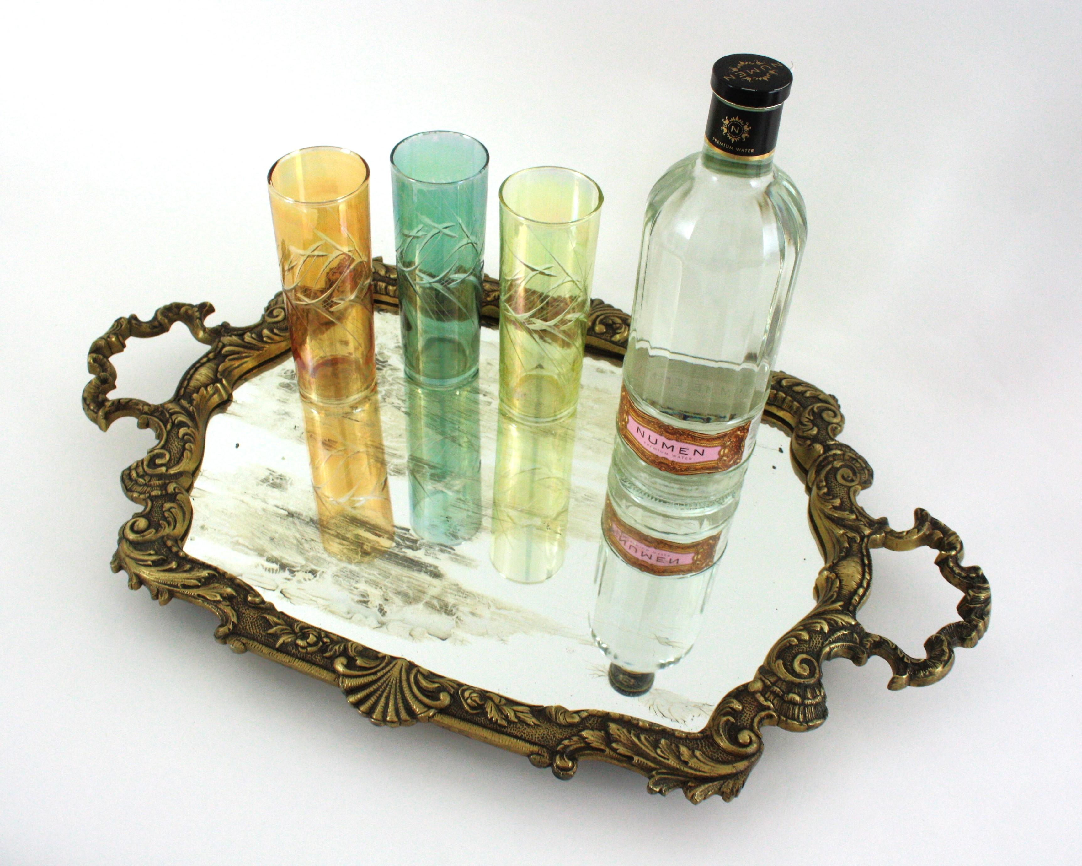 Spanish Neoclassical Bronze & Mirror Serving Tray, Foliage Floral Design For Sale 2
