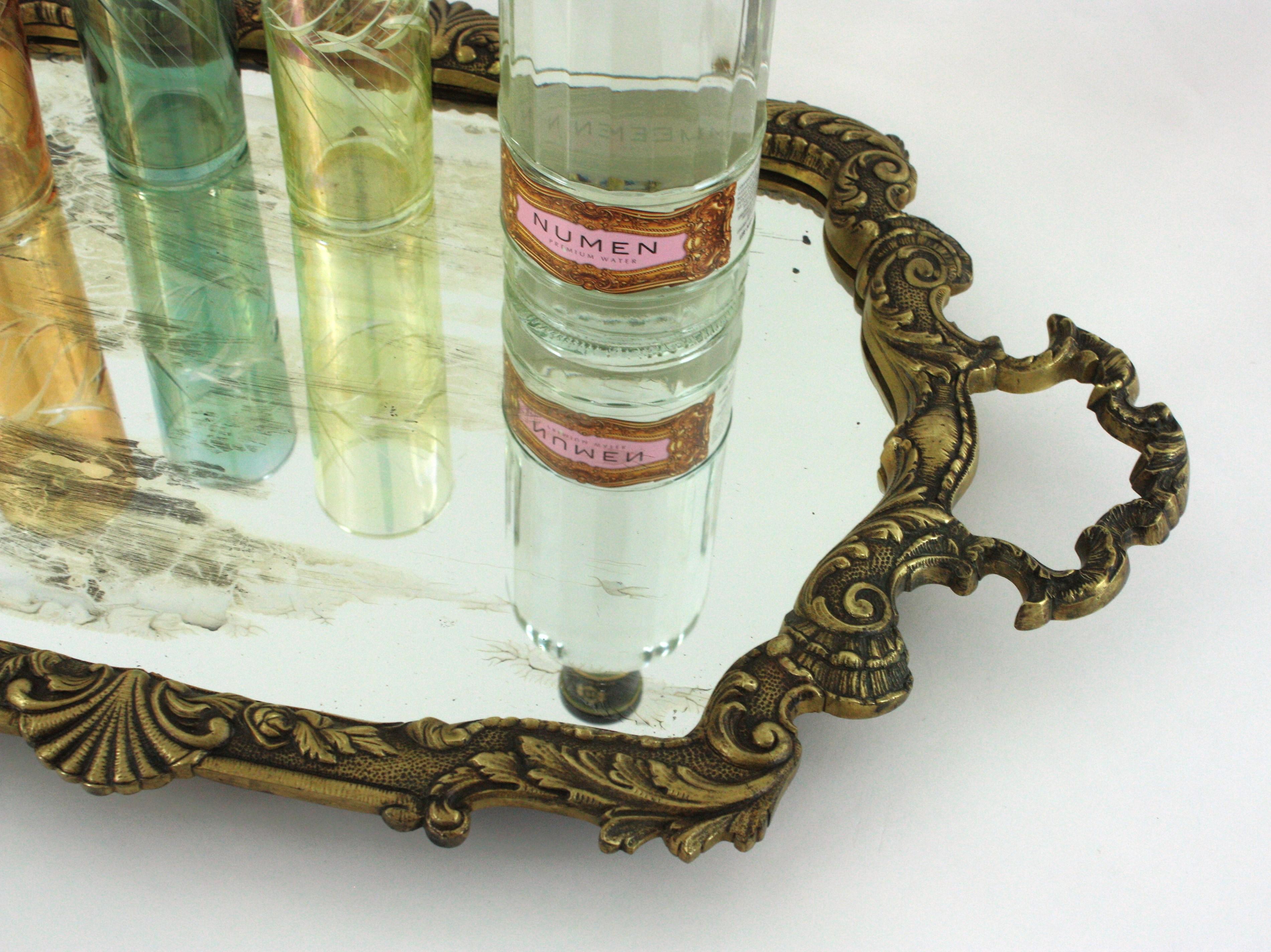 Spanish Neoclassical Bronze & Mirror Serving Tray, Foliage Floral Design For Sale 3