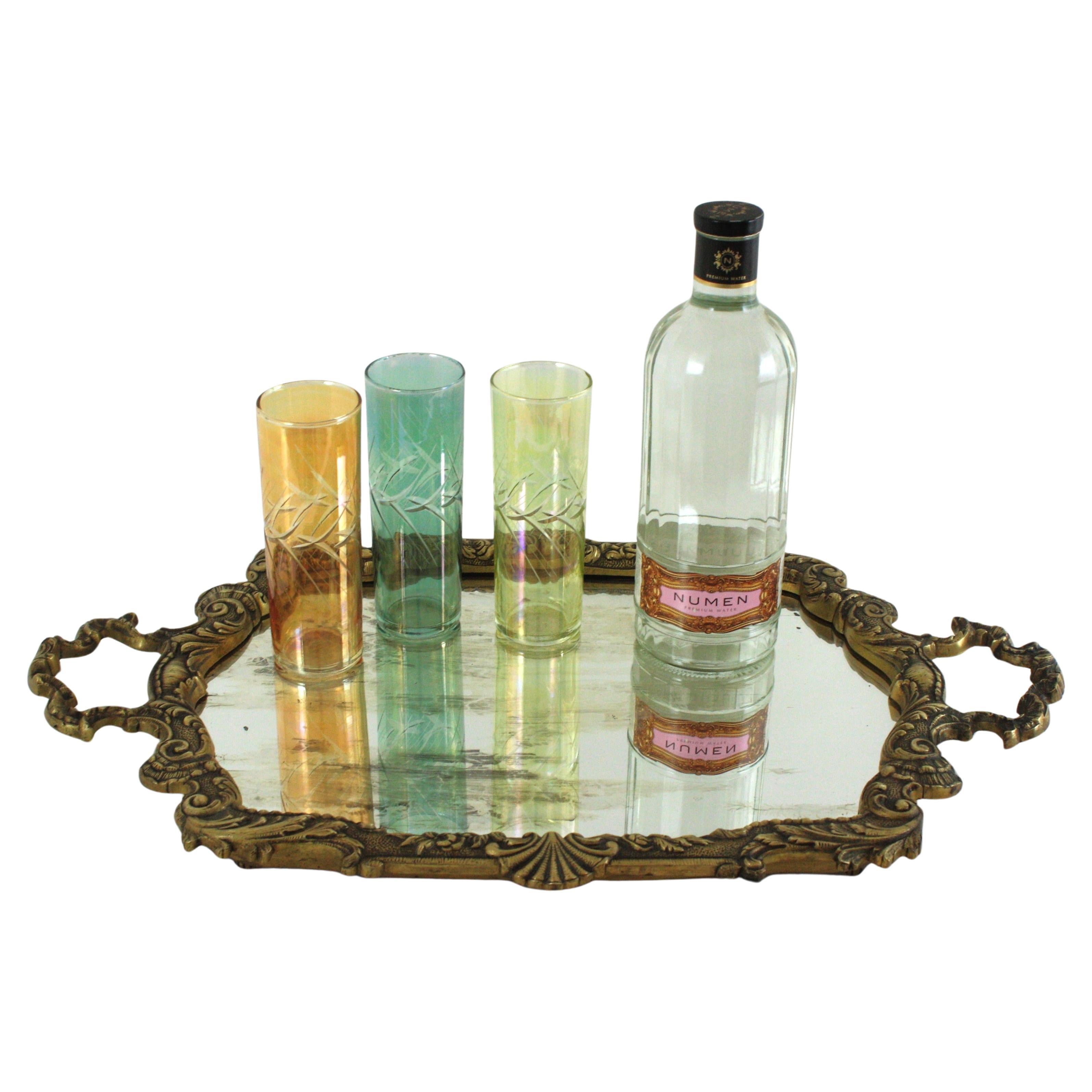 Spanish Neoclassical Bronze & Mirror Serving Tray, Foliage Floral Design For Sale