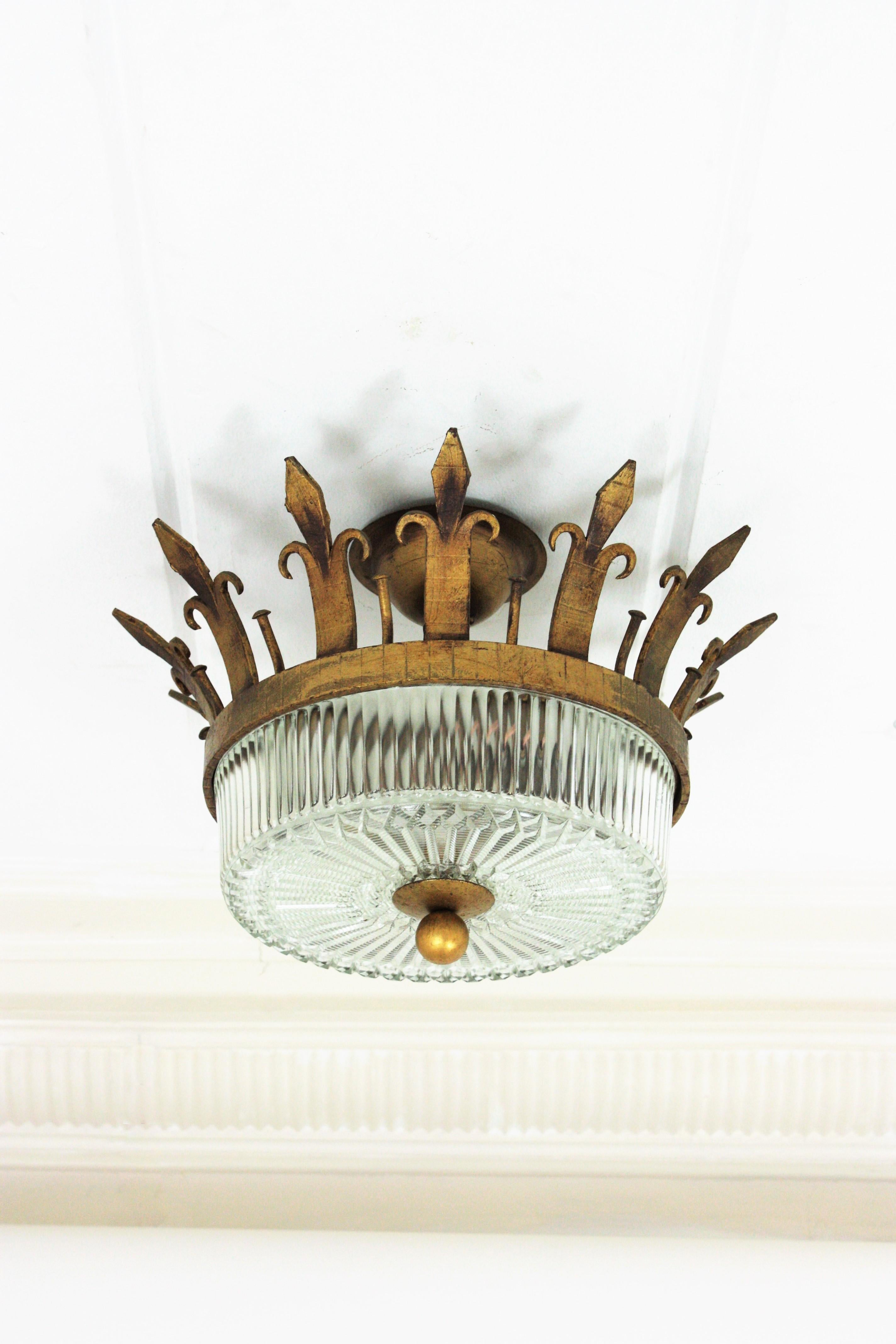 Spanish Neoclassical Gilt Iron Fluted Glass Flush Mount Ceiling Light, 1940s 2