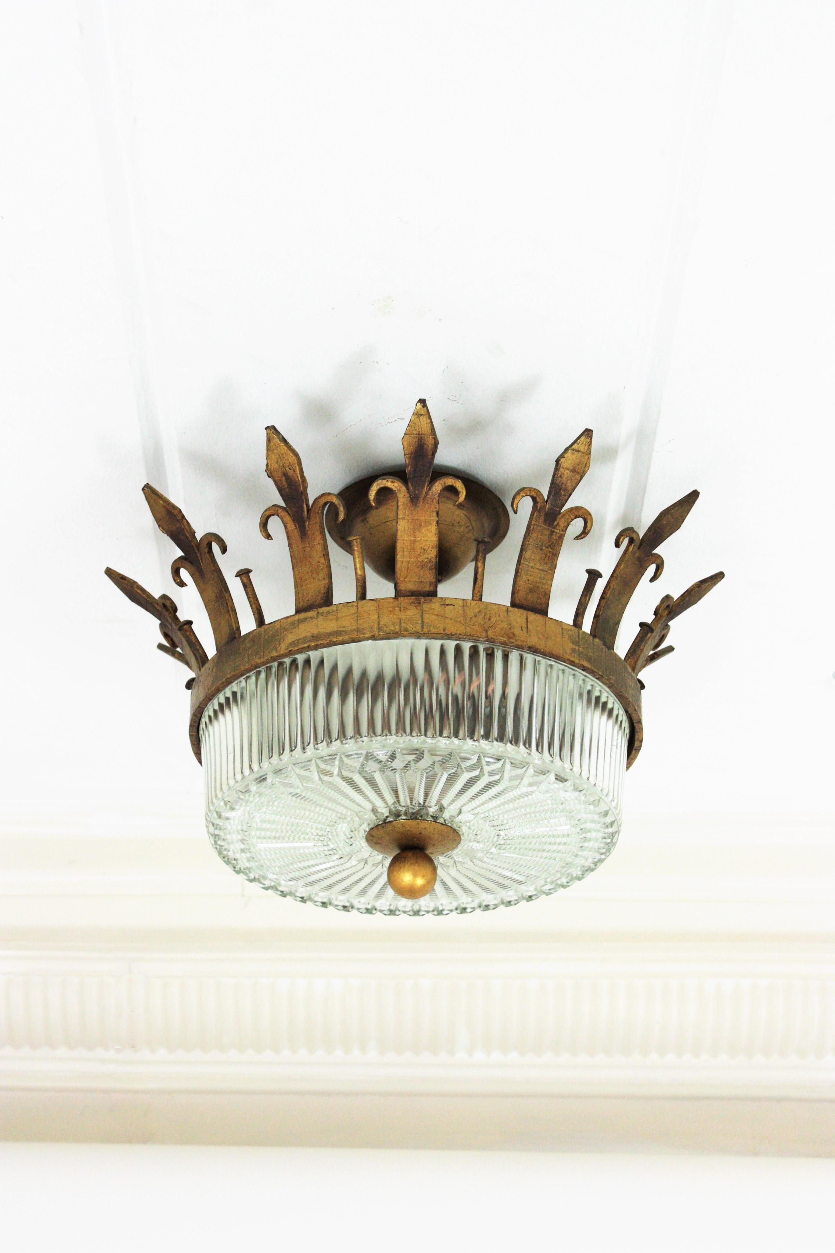 Spanish Neoclassical Gilt Iron Fluted Glass Flush Mount Ceiling Light, 1940s 3