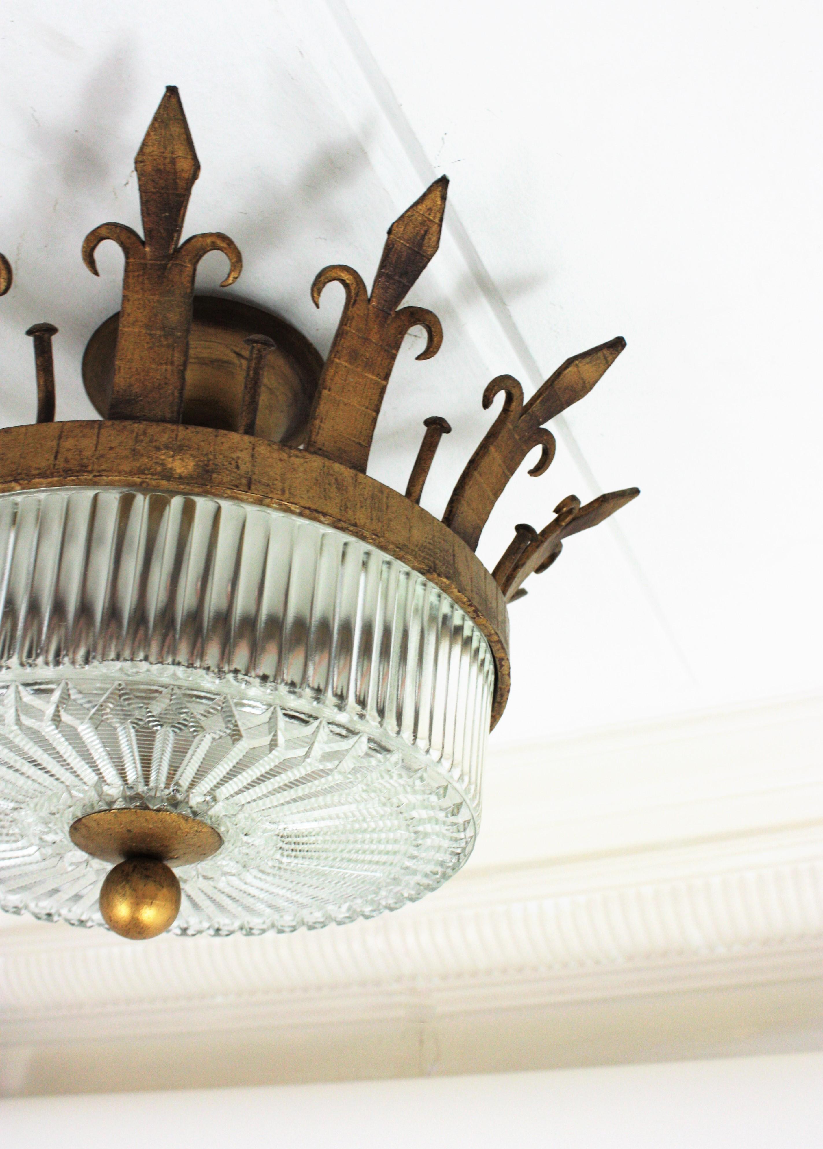 Spanish Neoclassical Gilt Iron Fluted Glass Flush Mount Ceiling Light, 1940s 4