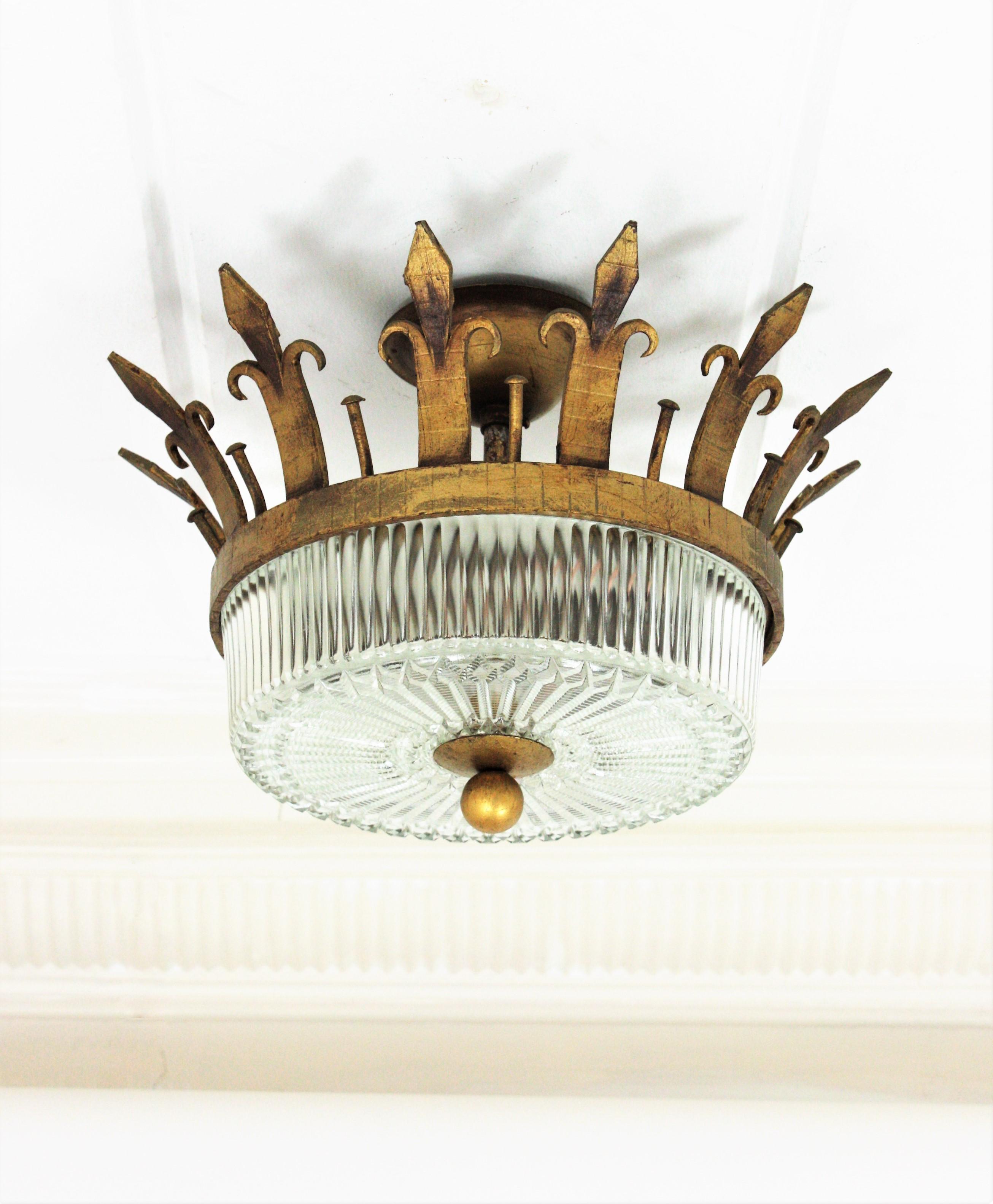 Spanish Neoclassical Gilt Iron Fluted Glass Flush Mount Ceiling Light, 1940s 4