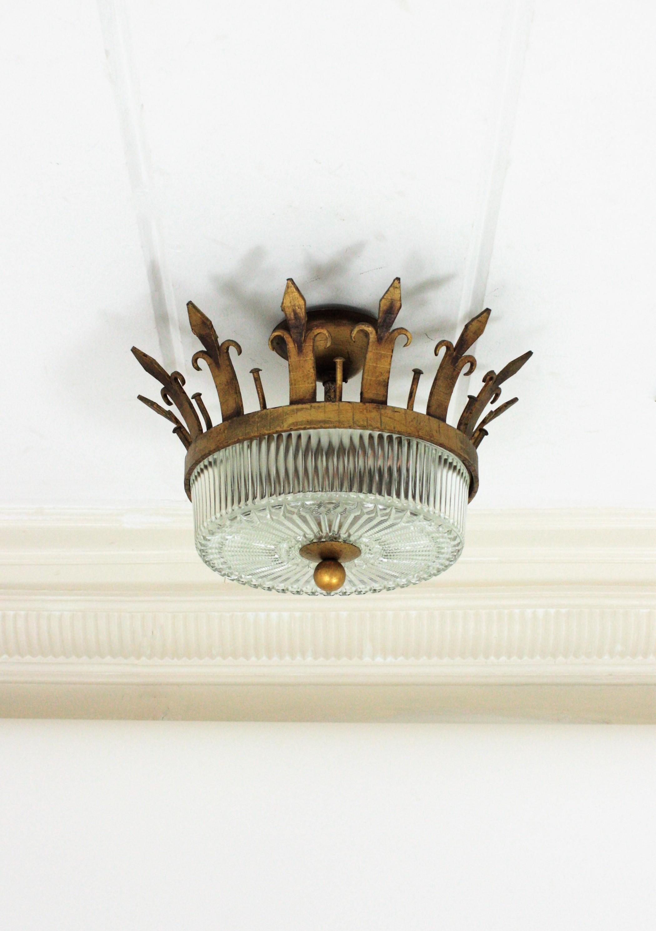 Spanish Neoclassical Gilt Iron Fluted Glass Flush Mount Ceiling Light, 1940s 6