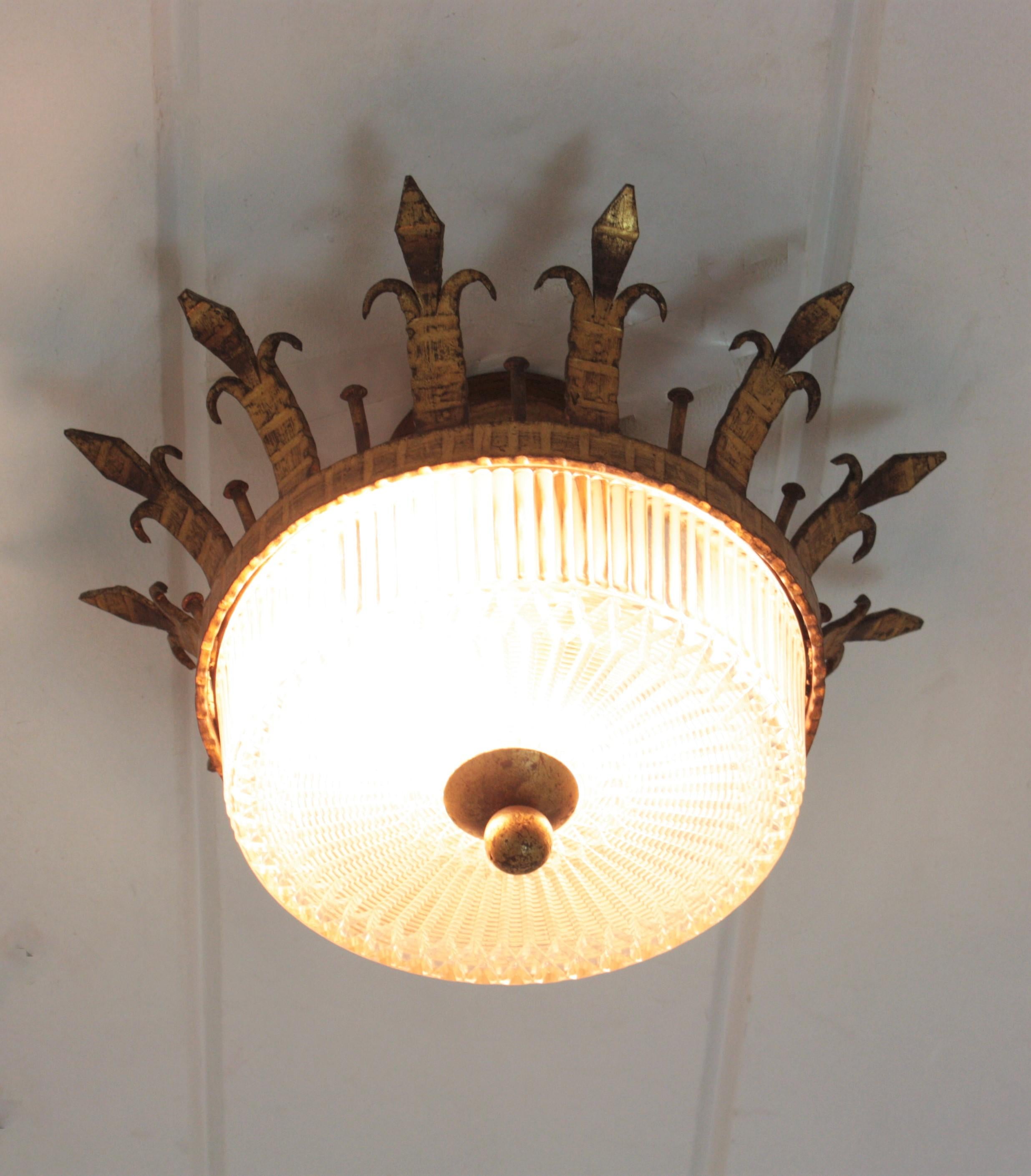Spanish Neoclassical Gilt Iron Fluted Glass Flush Mount Ceiling Light, 1940s For Sale 5