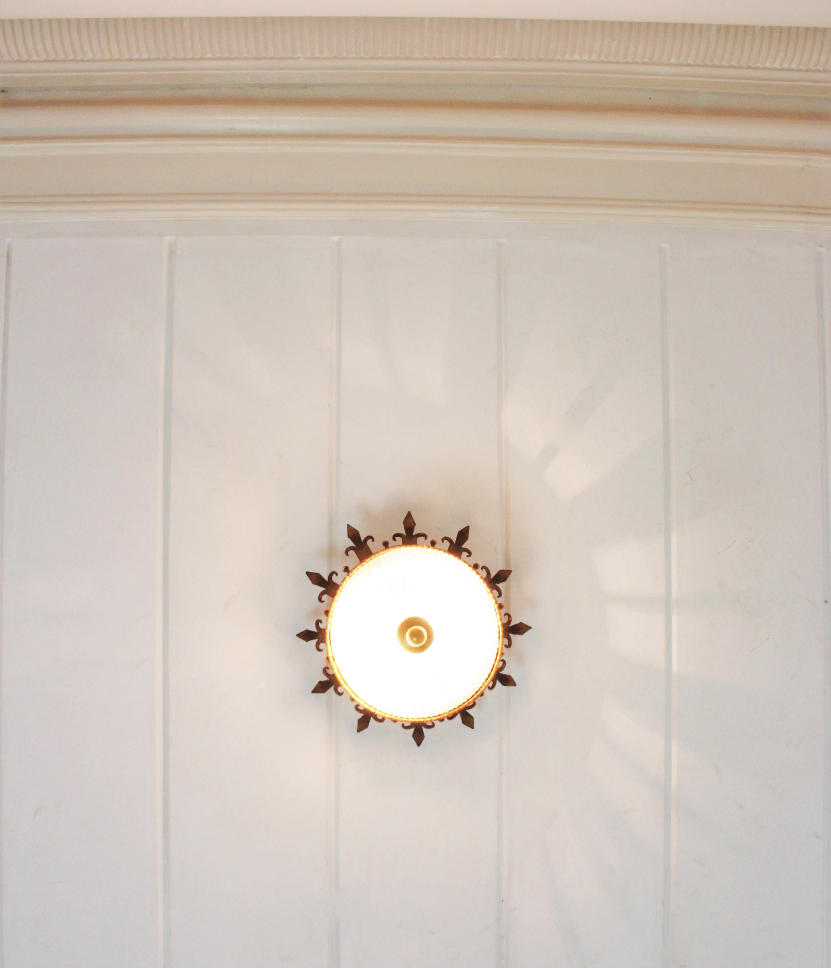 Spanish Neoclassical Gilt Iron Fluted Glass Flush Mount Ceiling Light, 1940s 8