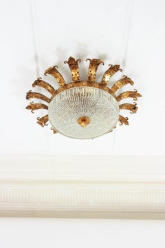 Spanish Neoclassical Gilt Iron Fluted Glass Flush Mount Ceiling Light, 1940s