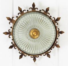 Spanish Neoclassical Gilt Iron Fluted Glass Flush Mount Ceiling Light, 1940s