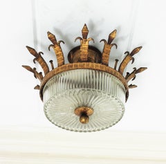 Spanish Sunburst Crown Light Fixture in Gilt Wrought Iron and Glass, 1940s