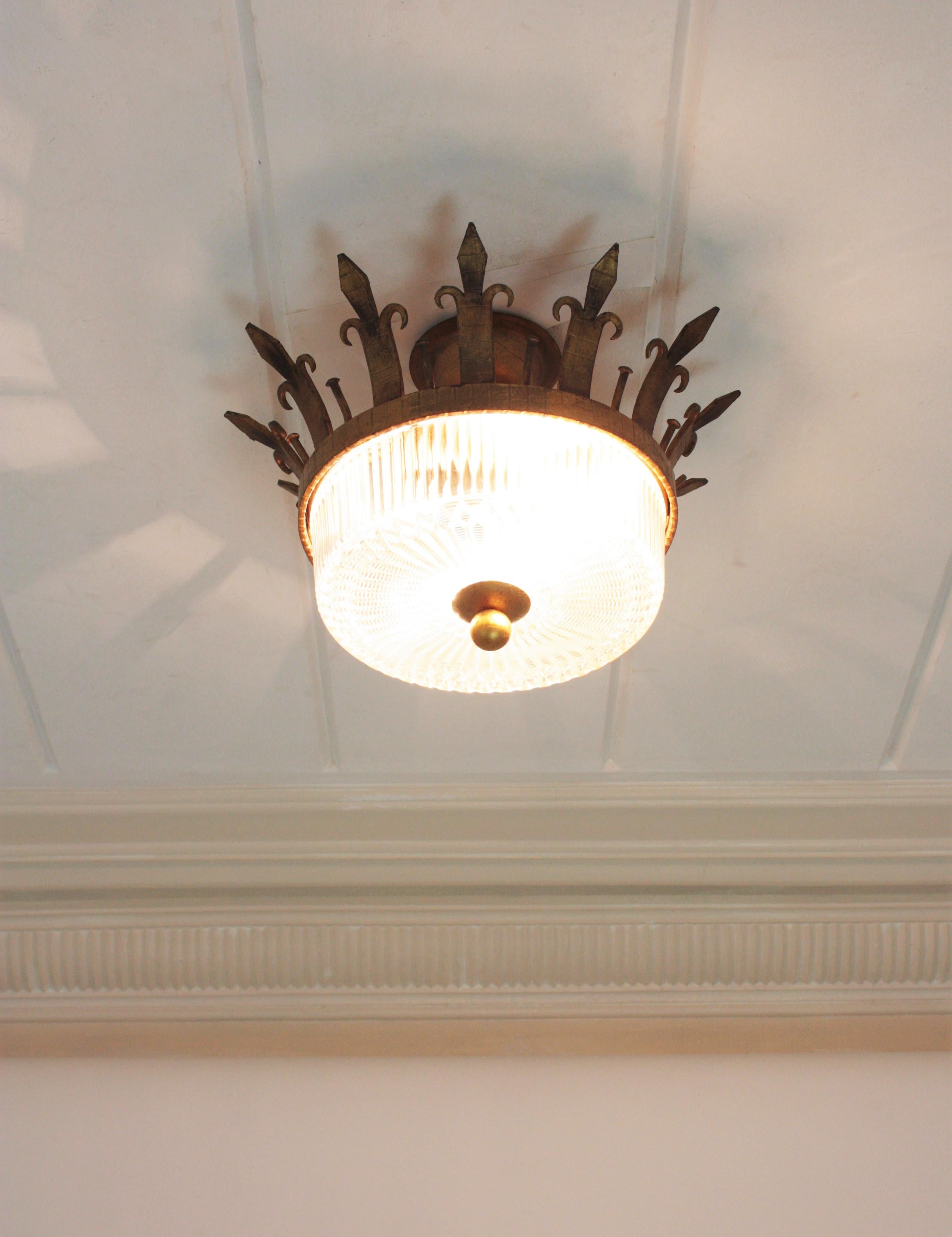 Spanish Neoclassical Gilt Iron Fluted Glass Flush Mount Ceiling Light, 1940s 11