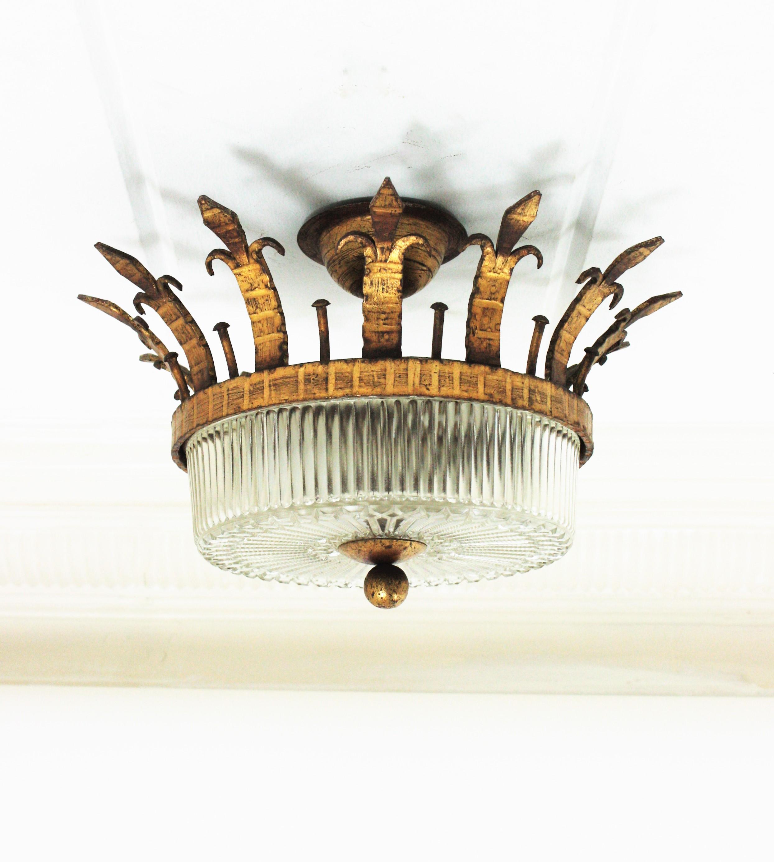 Pressed Spanish Neoclassical Gilt Iron Fluted Glass Flush Mount Ceiling Light, 1940s For Sale