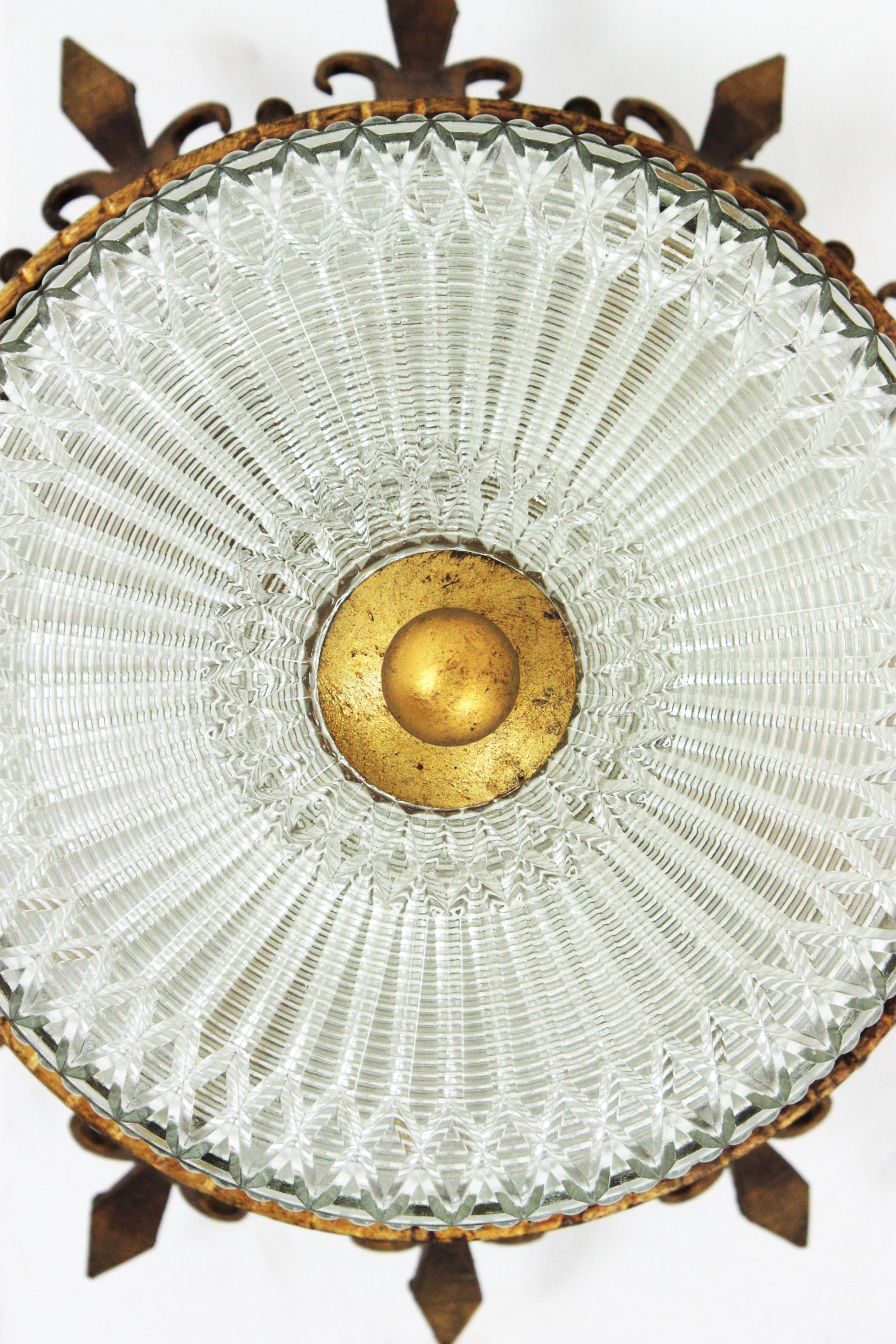20th Century Spanish Neoclassical Gilt Iron Fluted Glass Flush Mount Ceiling Light, 1940s