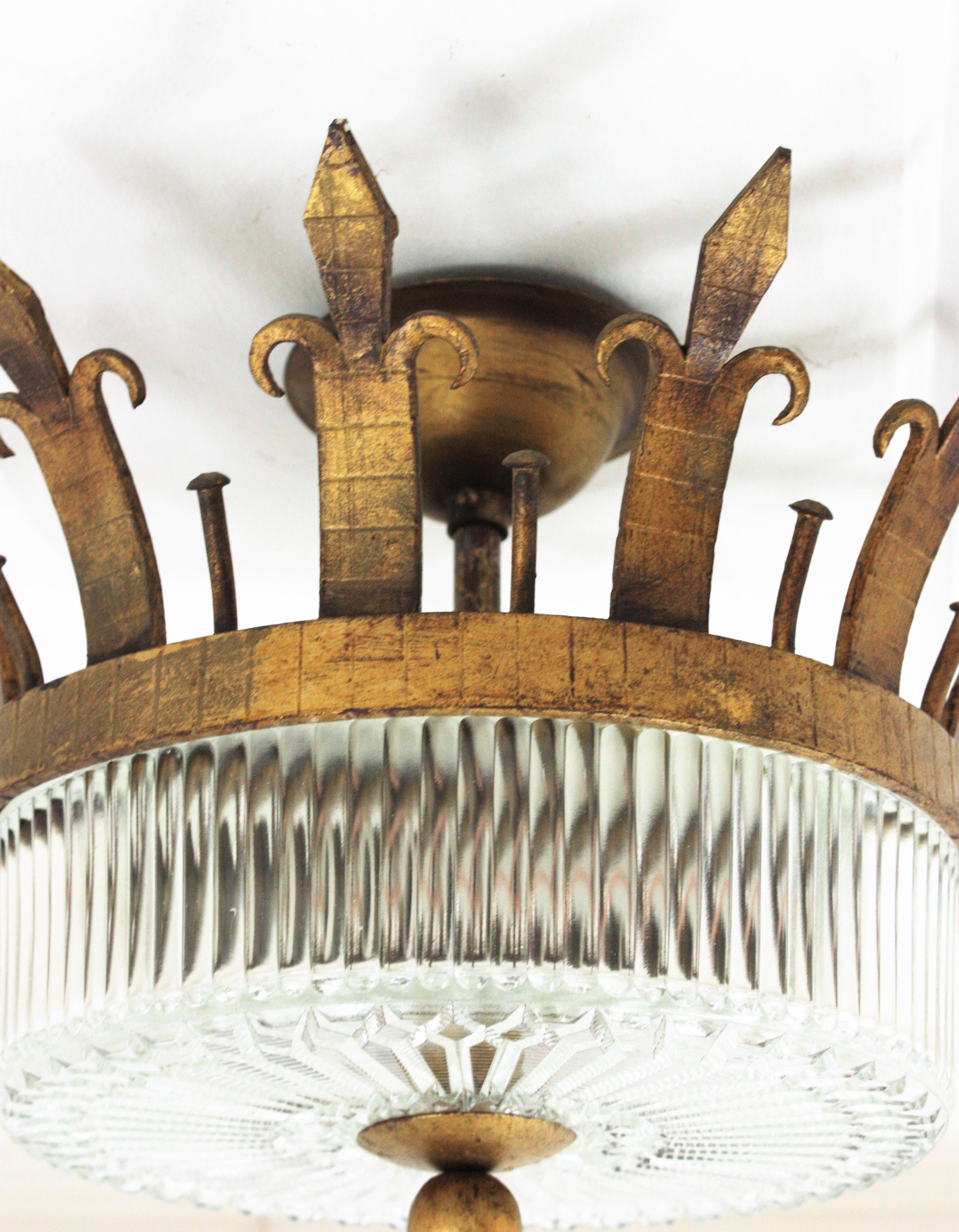 20th Century Spanish Neoclassical Gilt Iron Fluted Glass Flush Mount Ceiling Light, 1940s