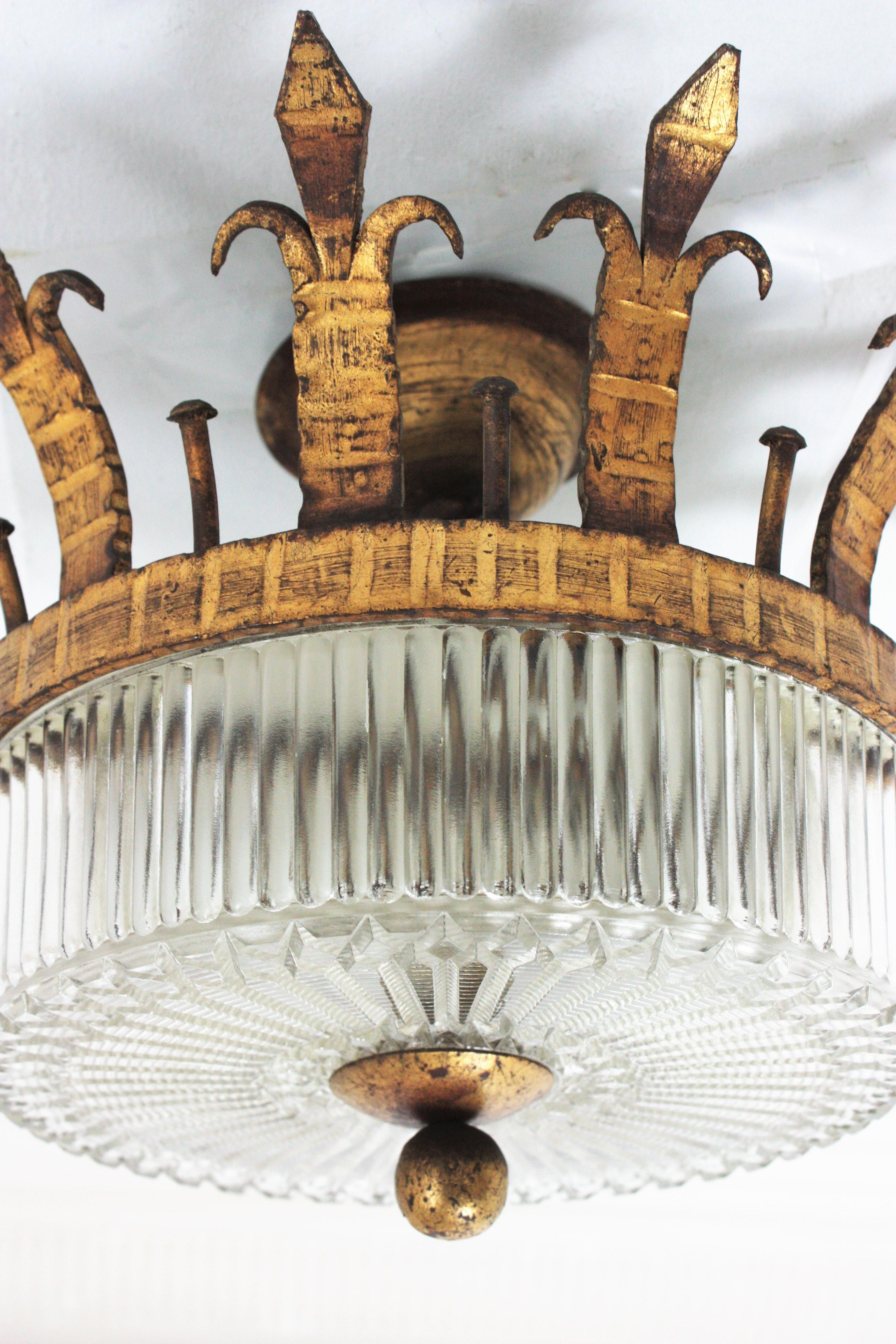 20th Century Spanish Neoclassical Gilt Iron Fluted Glass Flush Mount Ceiling Light, 1940s For Sale