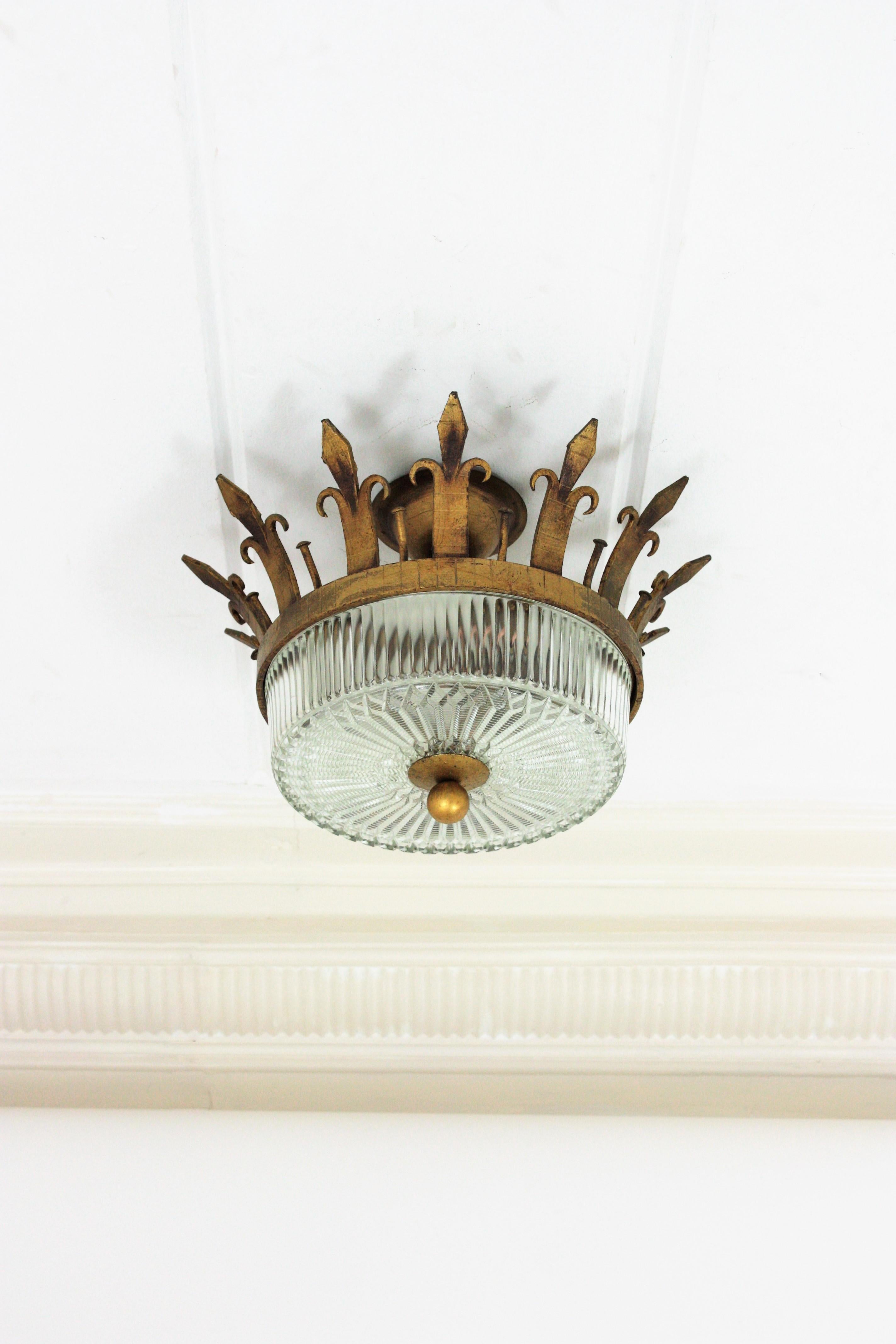 Gold Leaf Spanish Neoclassical Gilt Iron Fluted Glass Flush Mount Ceiling Light, 1940s