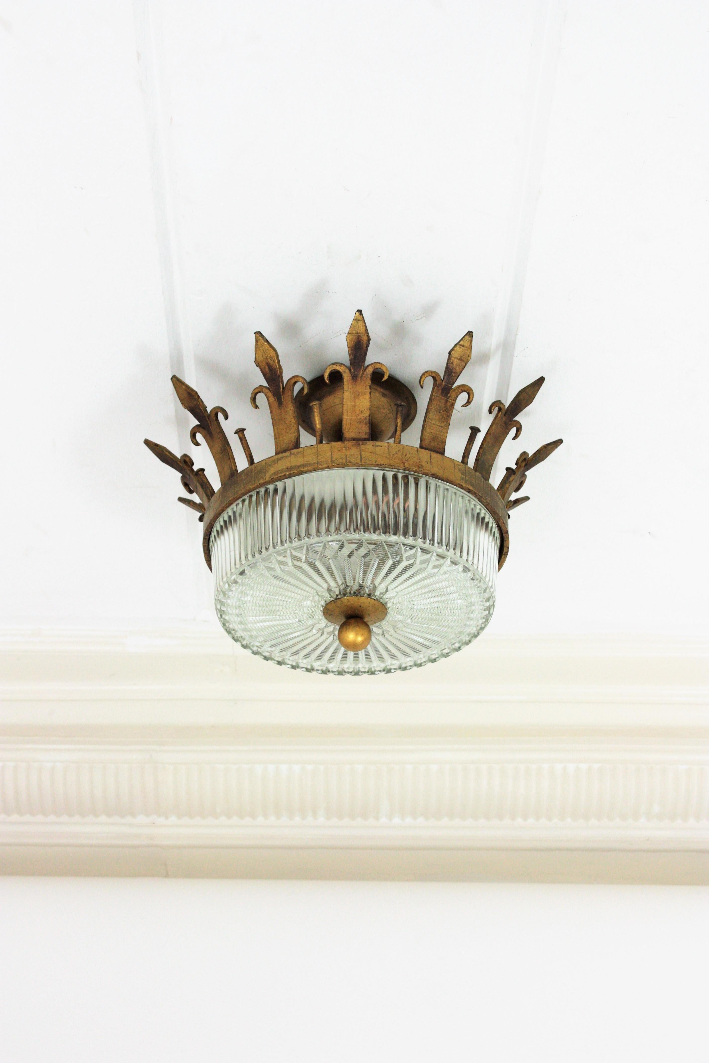 Spanish Neoclassical Gilt Iron Fluted Glass Flush Mount Ceiling Light, 1940s 1