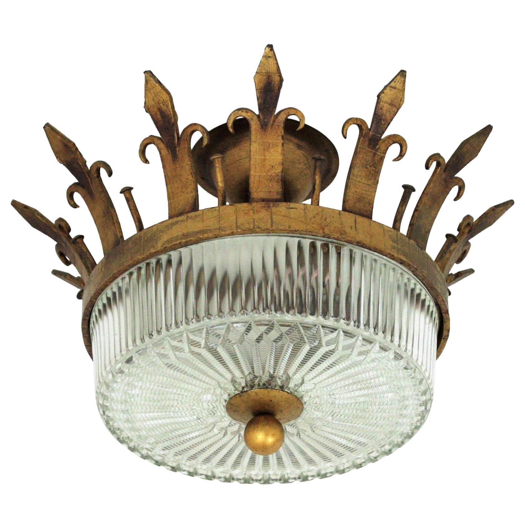 Spanish Neoclassical Gilt Iron Fluted Glass Flush Mount Ceiling Light, 1940s