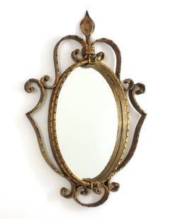 Spanish Hand Forged Oval Mirror in Gilt Iron, Neoclassical Style, 1950s