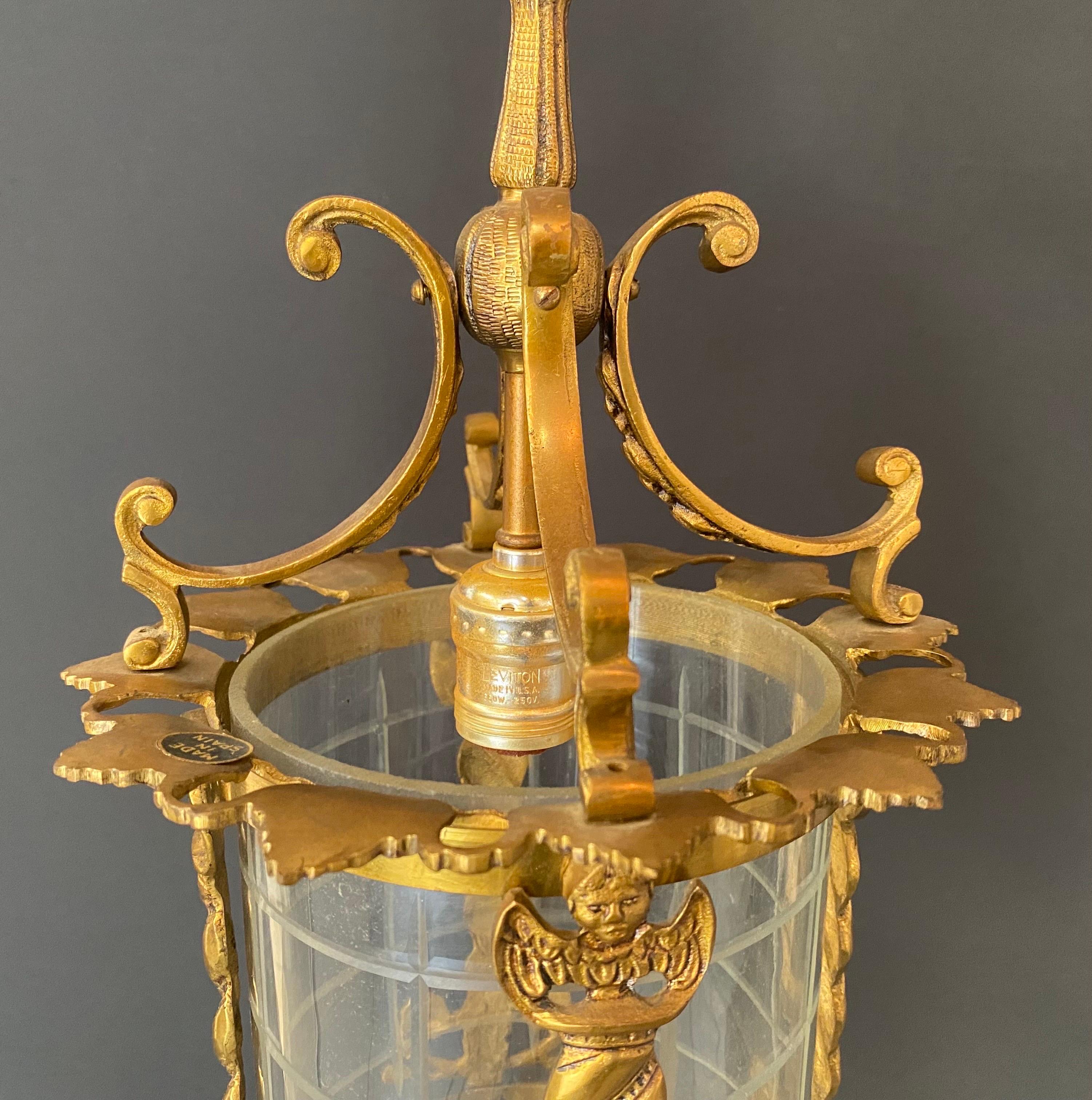 Spanish Neoclassical Revival Style Figural Gilt Iron Lantern or Pendant  For Sale 1