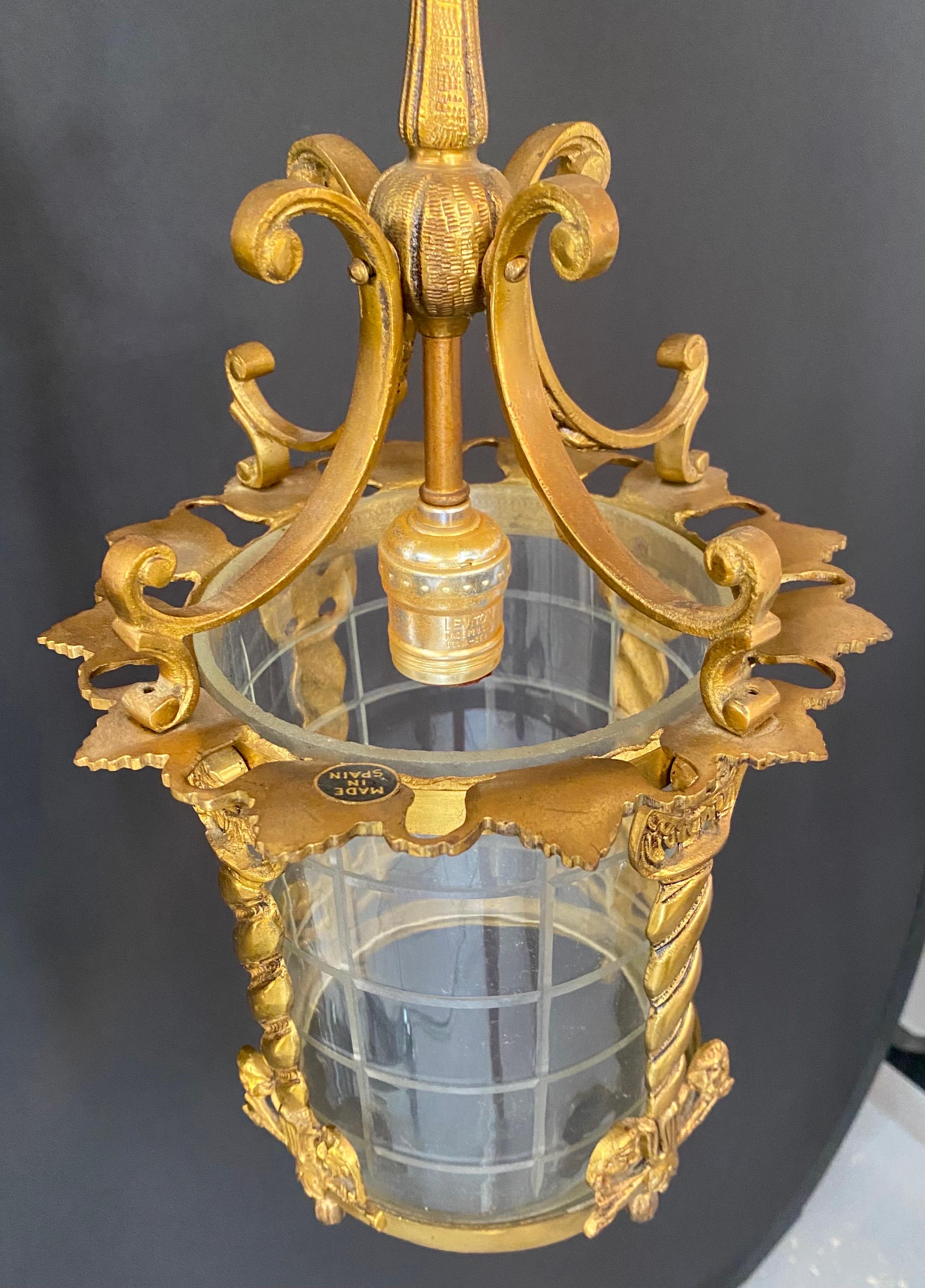 Spanish Neoclassical Revival Style Figural Gilt Iron Lantern or Pendant  For Sale 2