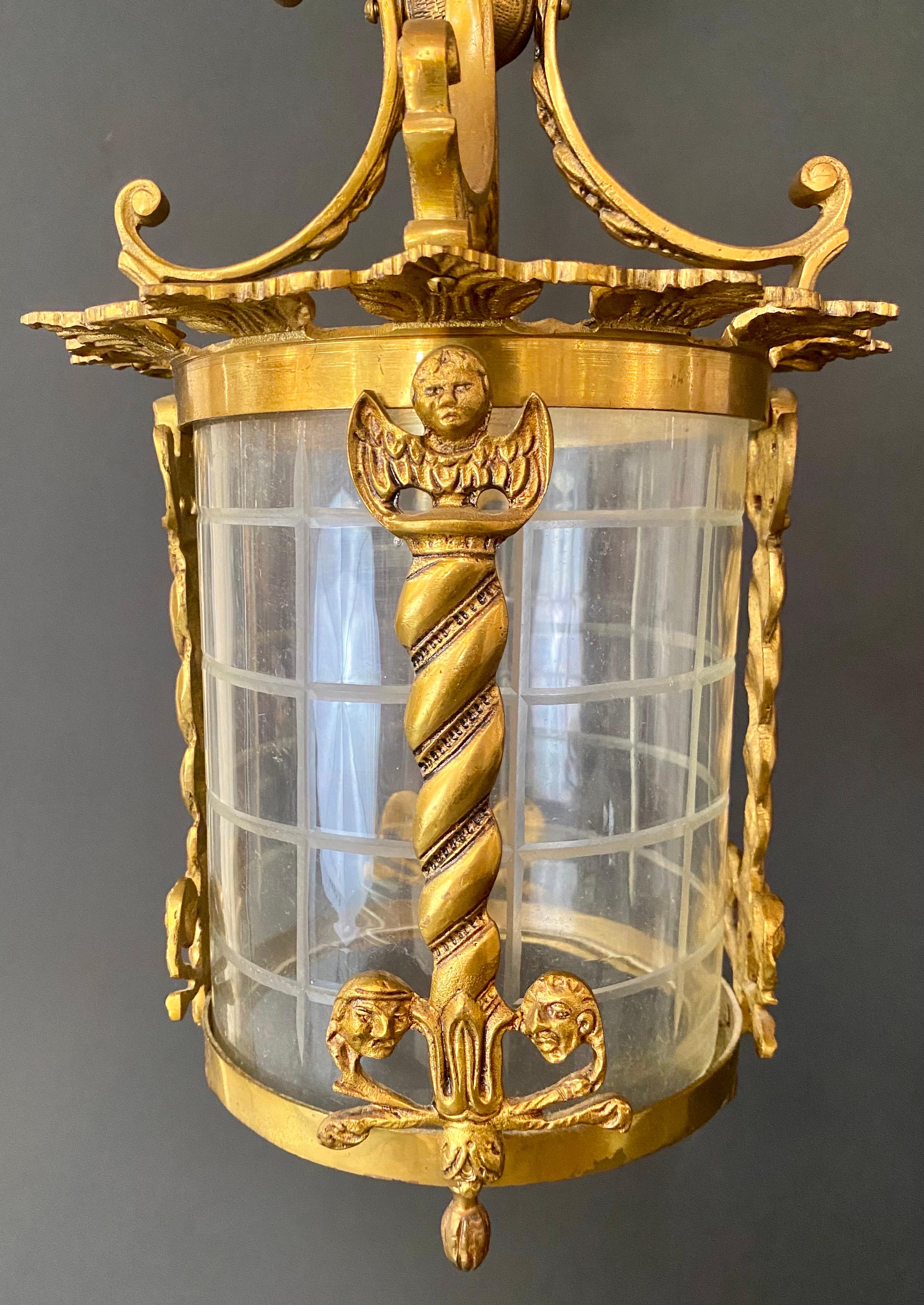 Spanish Neoclassical Revival Style Figural Gilt Iron Lantern or Pendant  For Sale 3