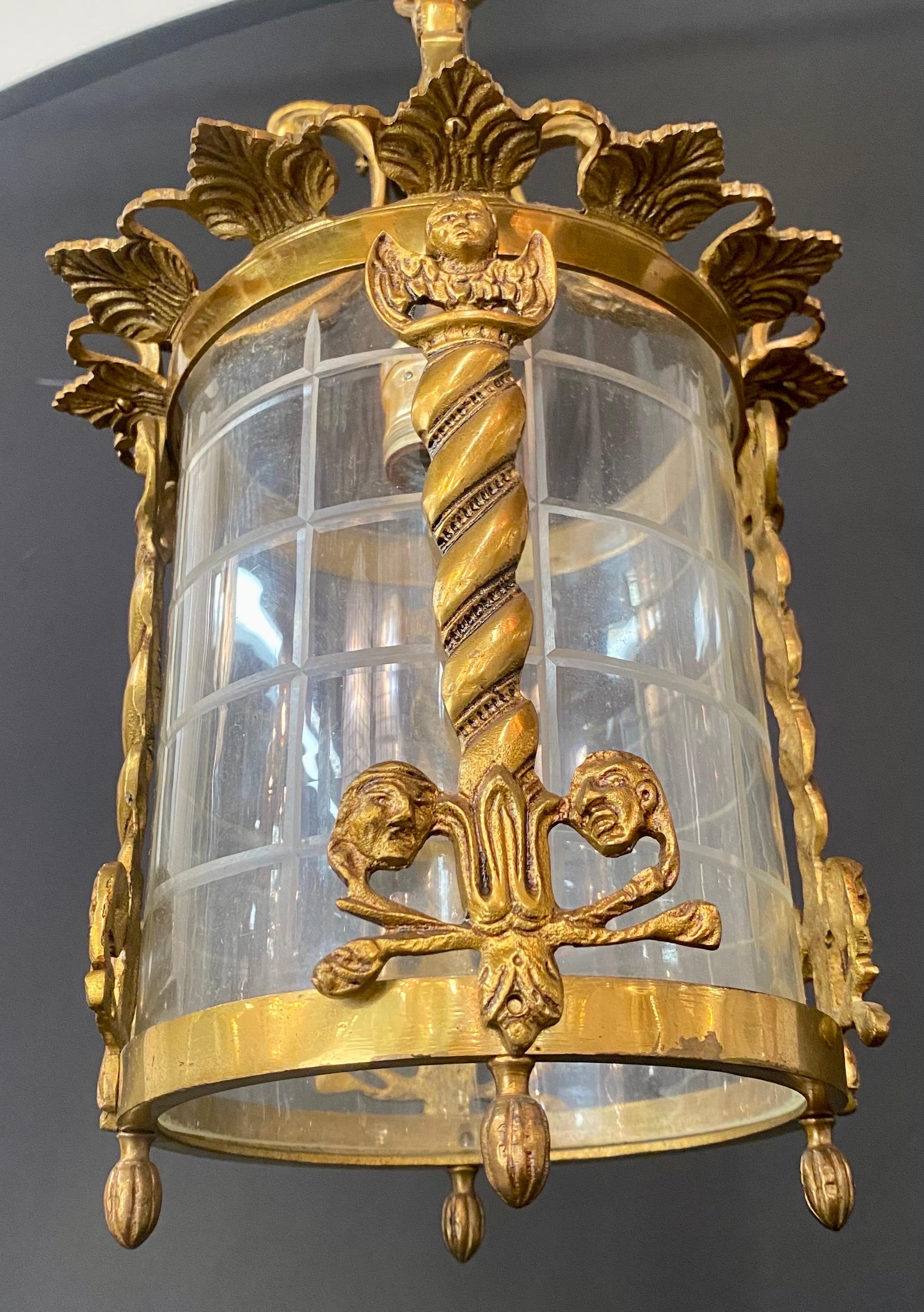 Spanish Neoclassical Revival Style Figural Gilt Iron Lantern or Pendant  For Sale 4