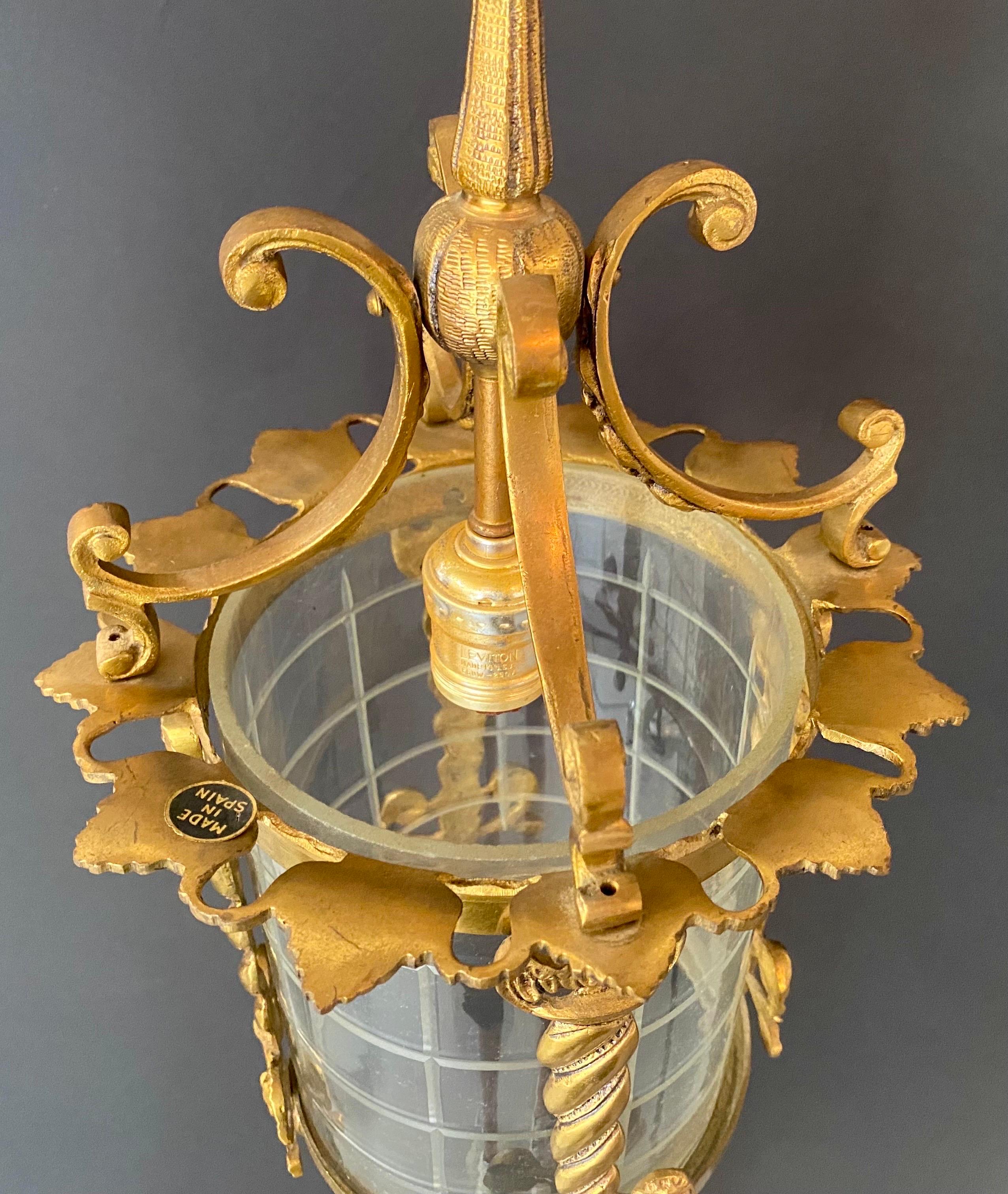 Spanish Neoclassical Revival Style Figural Gilt Iron Lantern or Pendant  For Sale 5